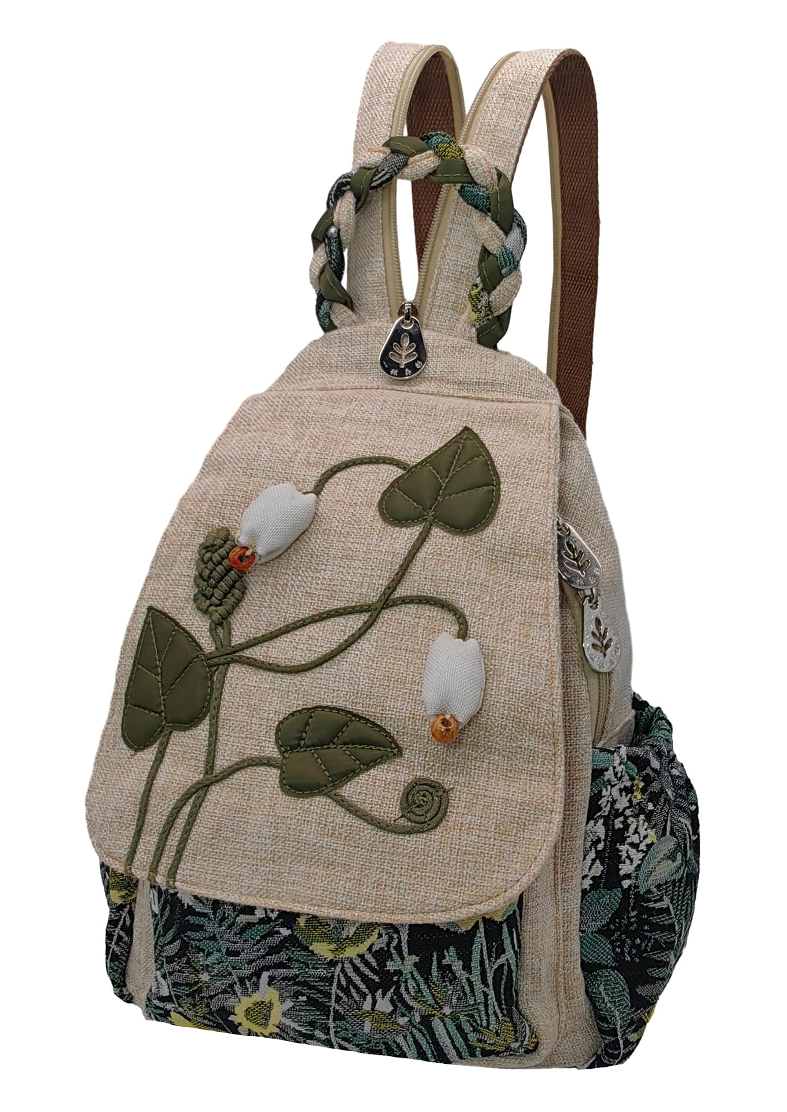 HUANGGUOSHU Backpack Purse for Women - Boho Style Small Convertible Sling Bag with Woven and Mushroom Design ，Hippie Ladies, Shamrock, M, Rucksack Backpacks