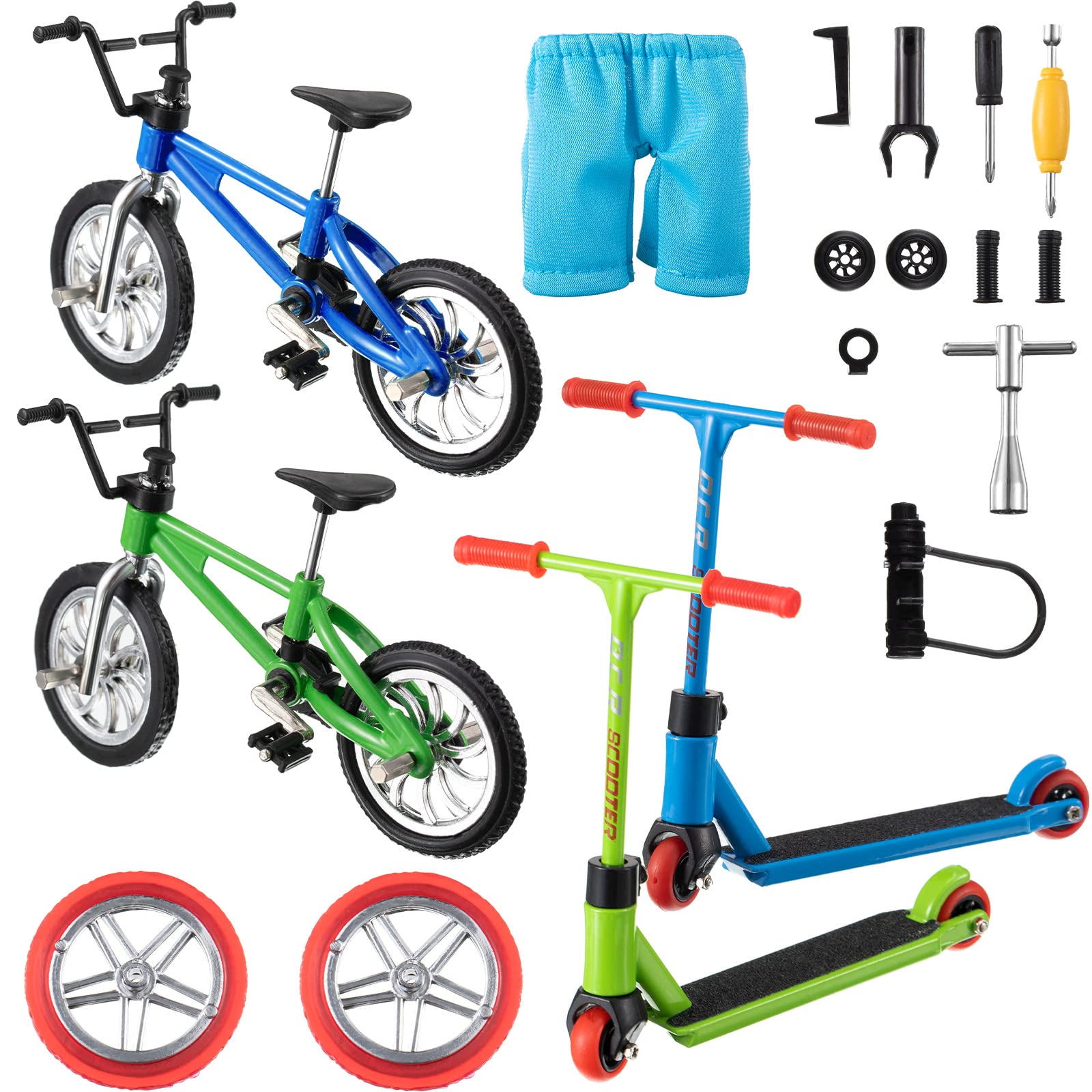 18 Pieces Finger Toy Set Including Alloy Finger Scooter, Finger Pants, Mini Finger Bikes, Finger Replacement Wheels, Bike Lock and Mini Tools for Movement Party Favors (Blue, Green)