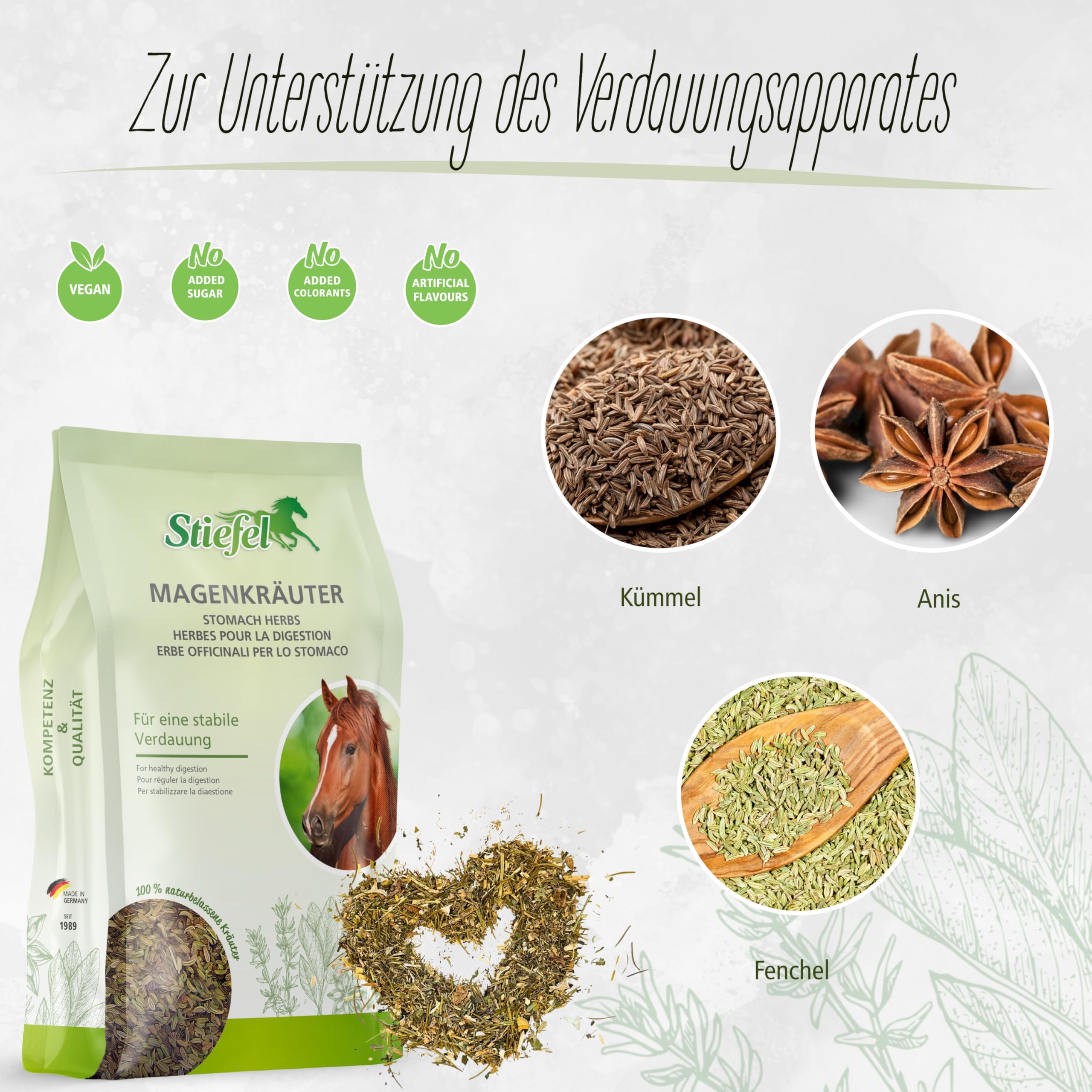 Stiefel Magenkräuter für Pferde 100% naturbelassene Kräutermischung, kann zur Unterstützung des Magens & des Verdauungssystems beitragen,1kg