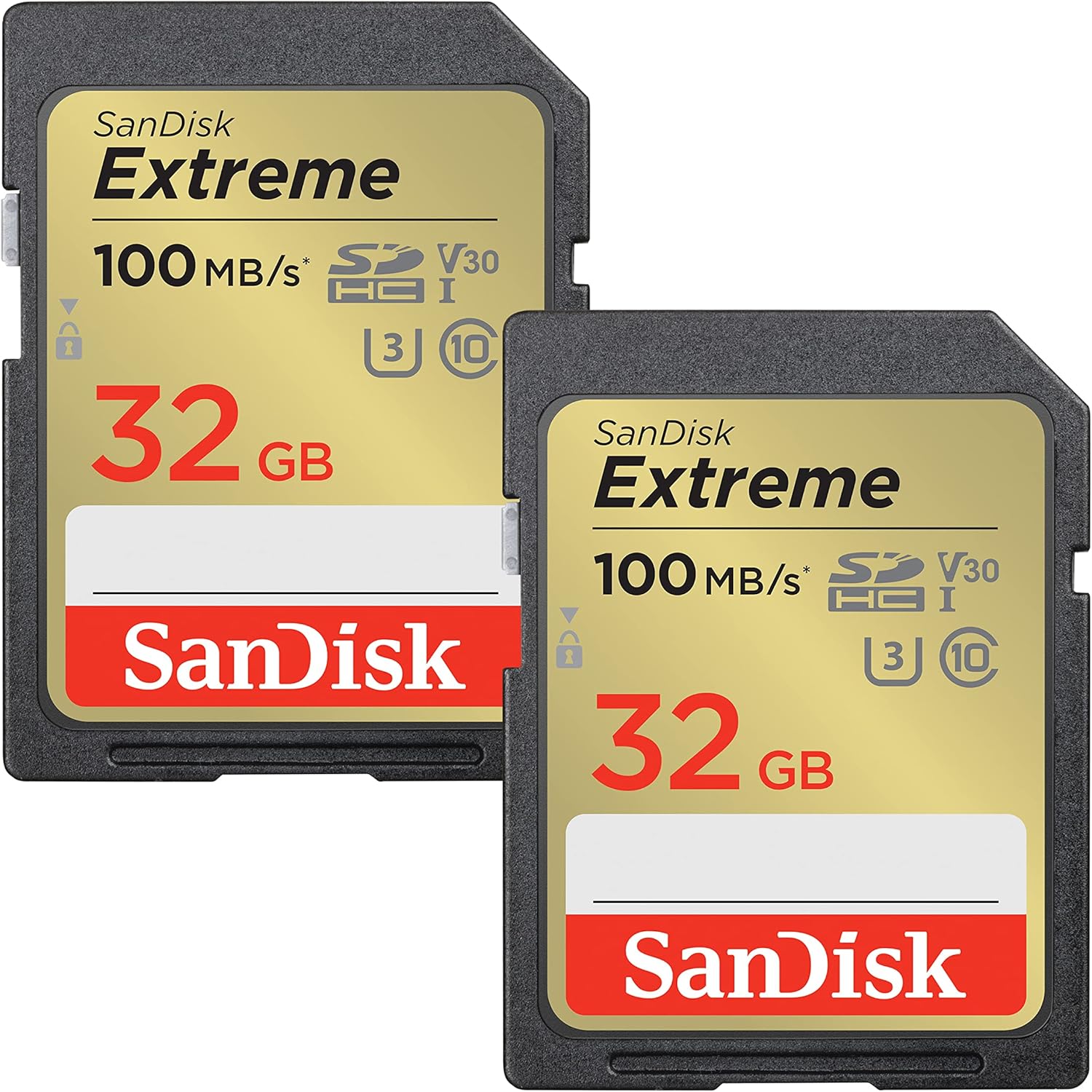 SanDisk Extreme SDHC UHS-I Memory Card 2-Pack 32GB (V30, 100MB/s Transmission, U3, 4K UHD Videos, Waterproof, Shockproof, Temperature Resistant)