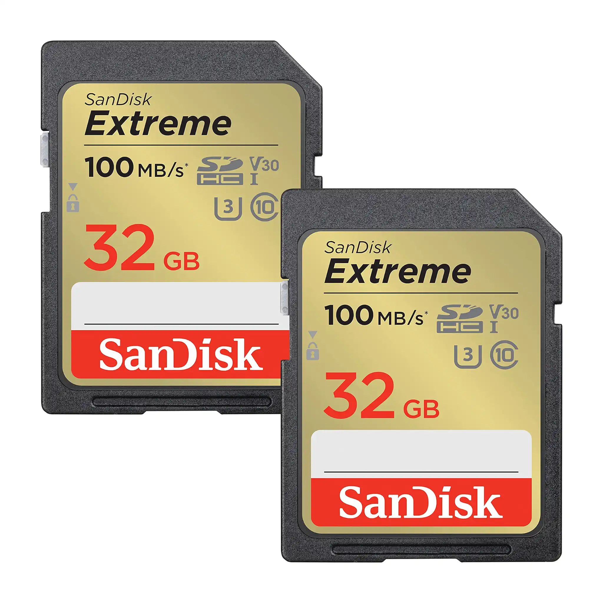 SanDisk Extreme SDHC UHS-I Speicherkarte 2er-Pack 32 GB (V30, 100 MB/s Übertragung, U3, 4K UHD Videos, wasserdicht, stoßfest, temperaturbeständig)