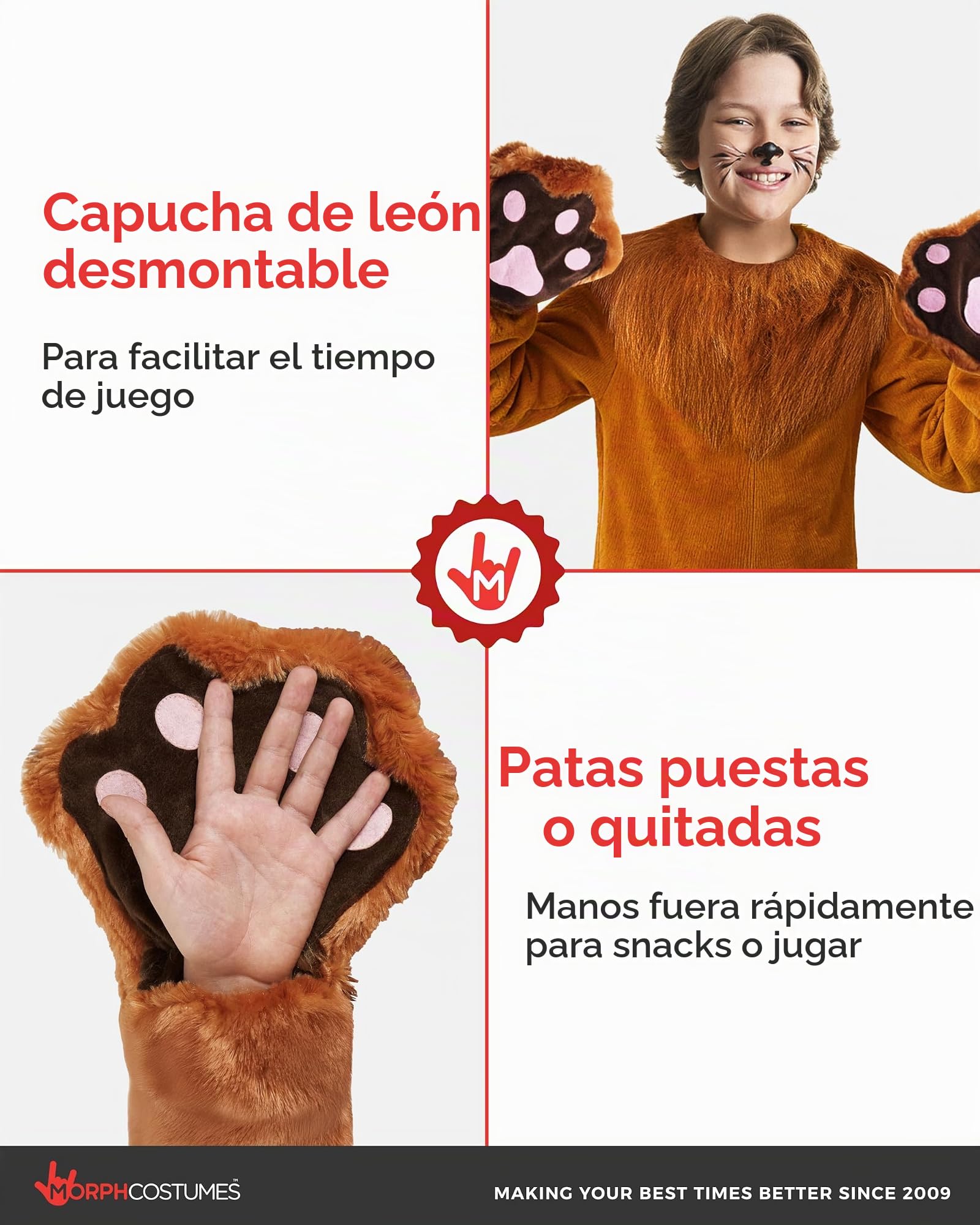Morph Disfraz León Infantil Mono Suave Capucha Melena Orejas Cola Desmontable Animal Marrón Tallas T2 S M L XL