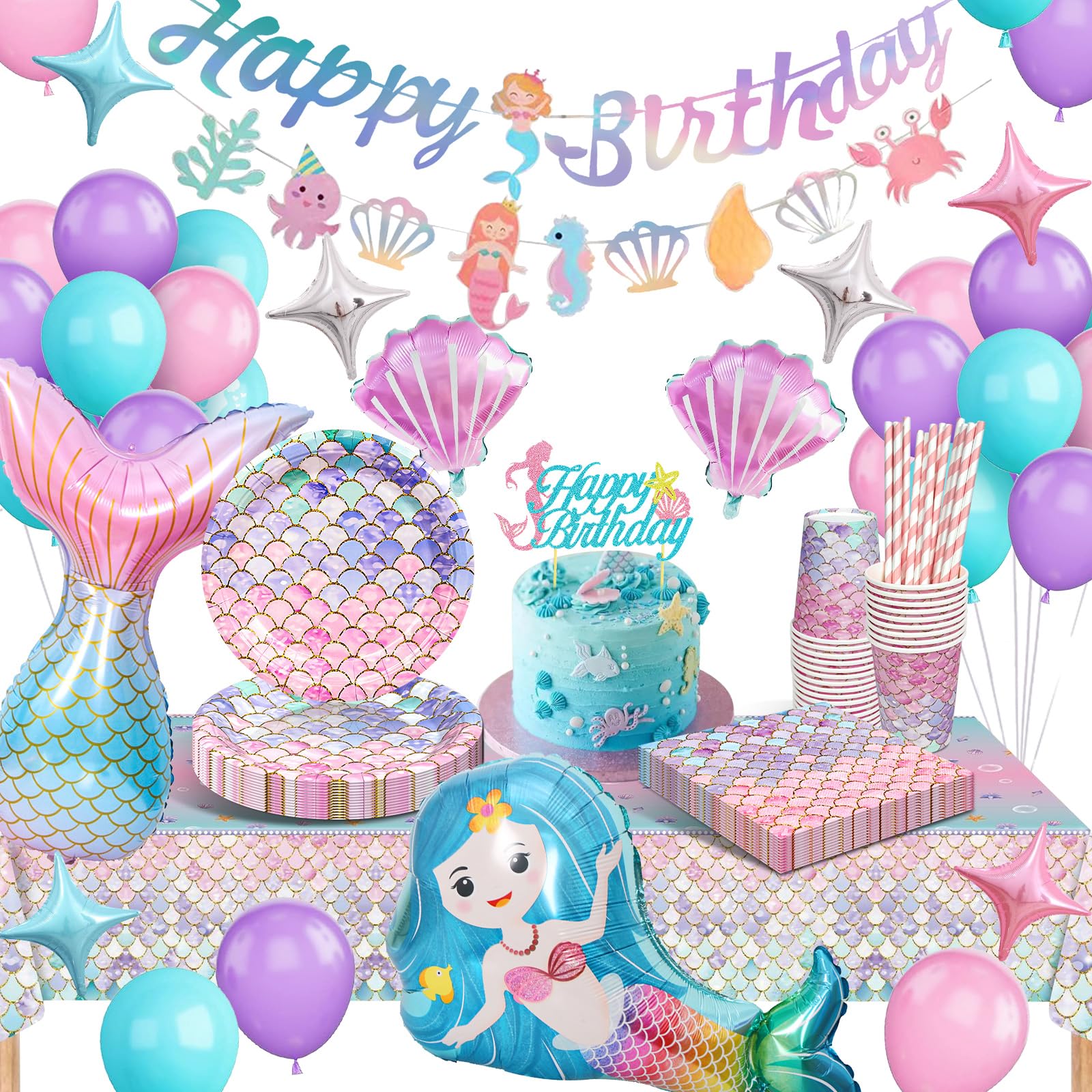 yosiio Meerjungfrau Partygeschirr Set,Geburtstag Deko, Geburtstag Party Geschirr, Pappteller Kindergeburtstag Deko mit Luftballons für Geburtstagsdeko Mädchen (Meerjungfrau)