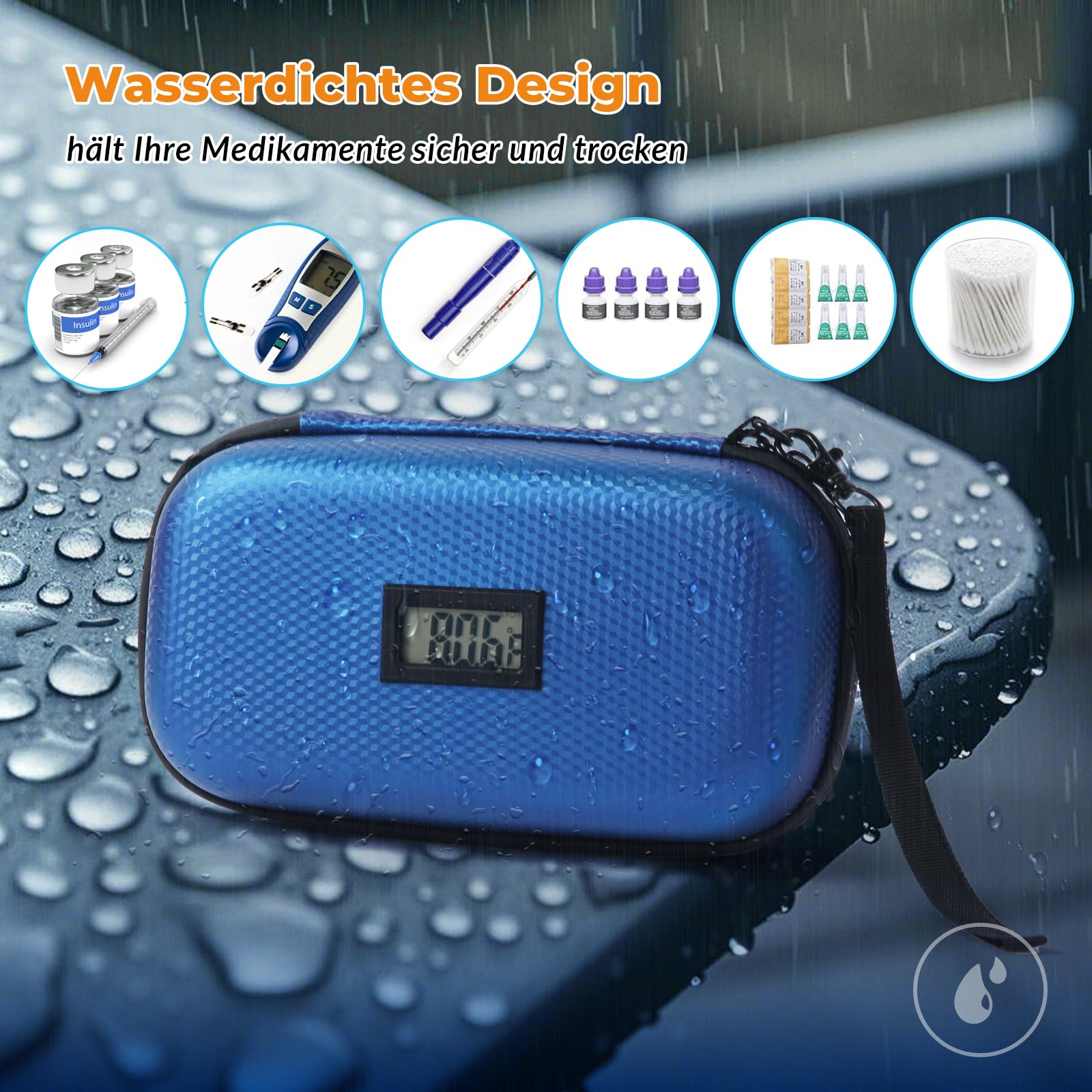 Insulinkühler Reisekoffer TSA genehmigte Medikament Diabetischer Kühler für Reisen mit Thermometer Temperaturanzeige Kühler Medizin Organizer Tasche mit 2-Eis-Pack (blau)