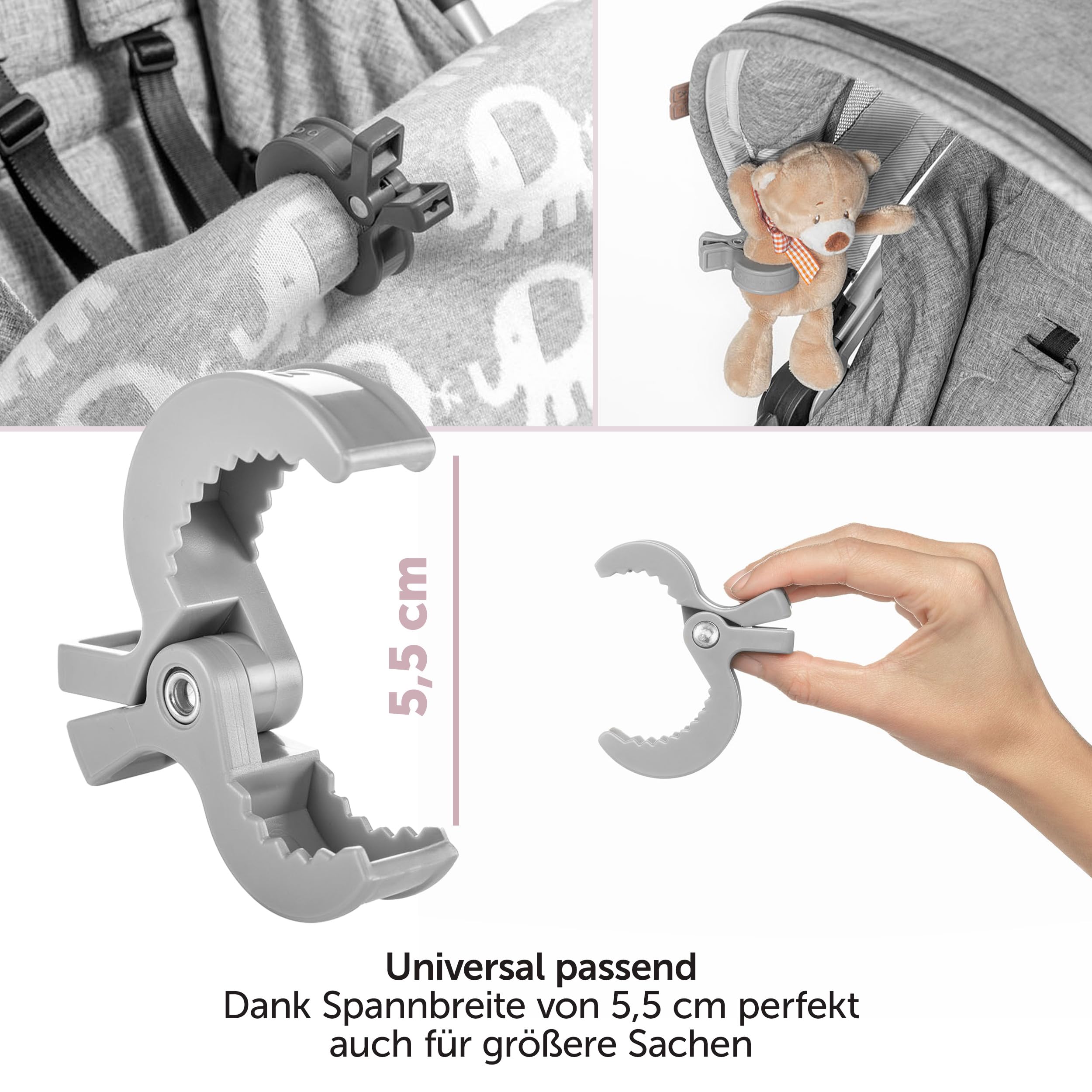 Zamboo Universal Kinderwagen Klammern 6 Stck - Haken/Clips zur Befestigung  von Spielzeug, Spucktchern und Kleidung an Buggy, Kinderwagen oder  Babyschale - Grau Wei : Amazon.de: Baby