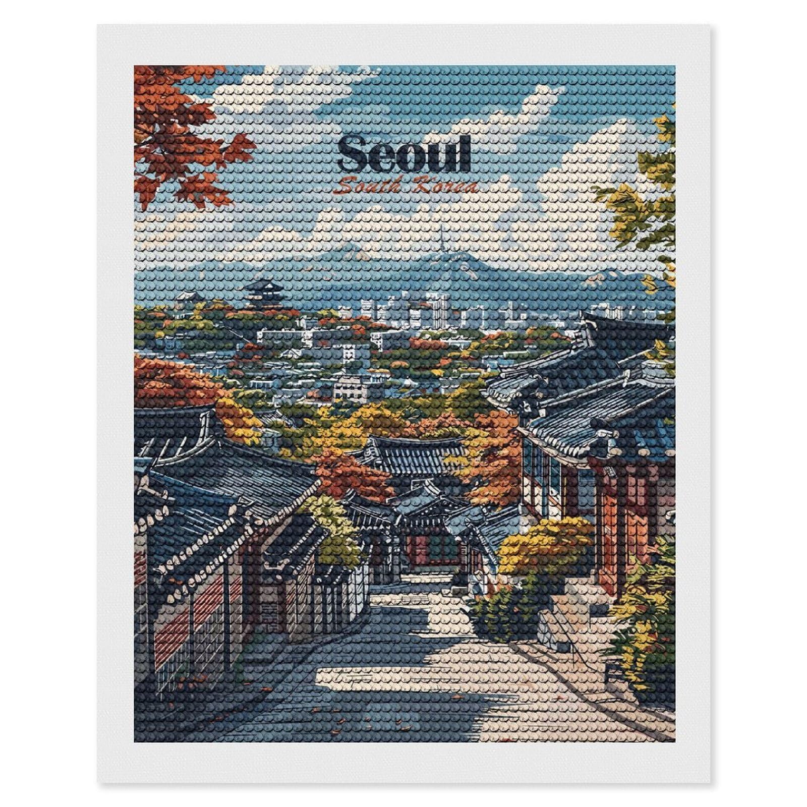 Junmoney Seoul Cityscape DIY Diamond Art Canvas Kit 16"x20", Pleasing Wall Art Project, Easy Handmade Project, Living Room Decor