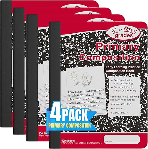 1InTheOffice Cuaderno de composición primaria K-2, cuaderno de composición de jardín de infantes, 100 hojas, rojomármol, 7.5 x 9.75 pulgadas,