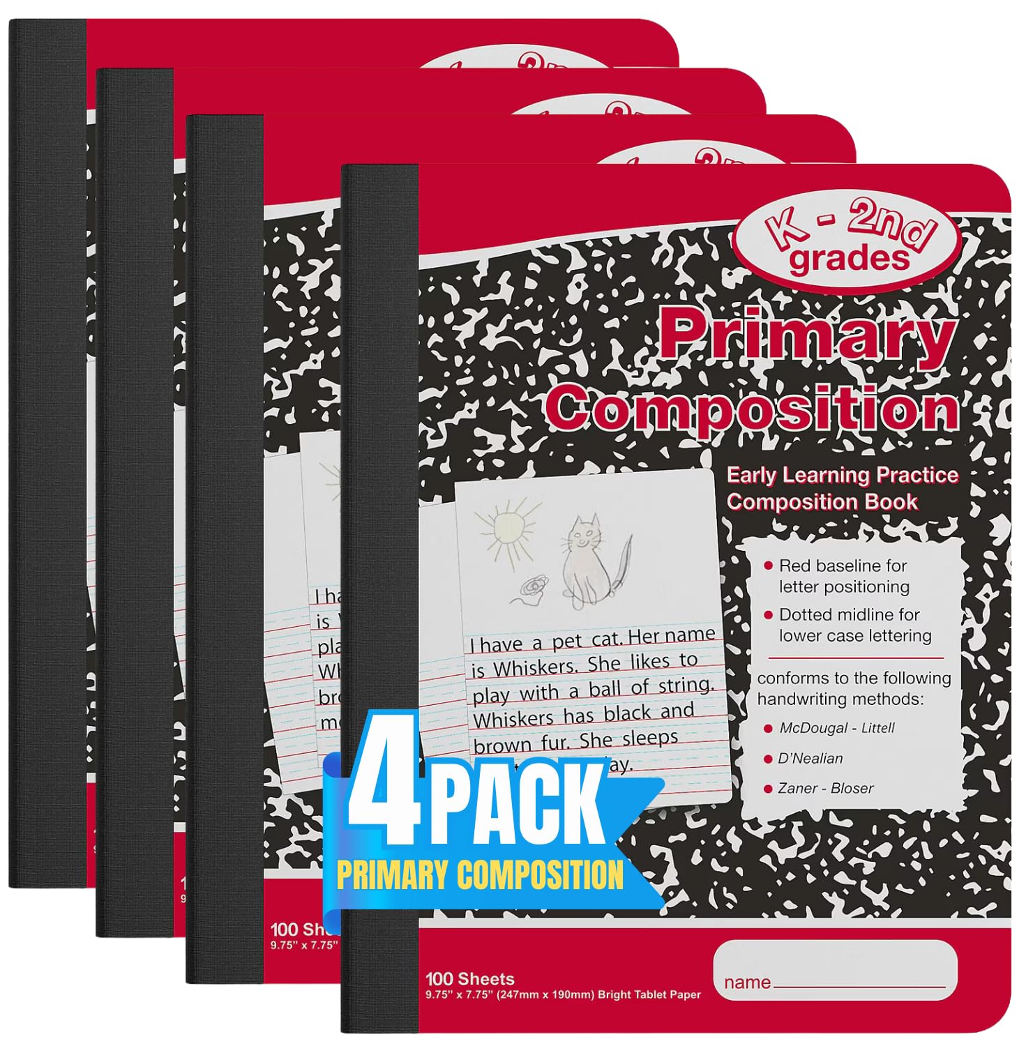 1InTheOffice Primary Composition Notebook K-2, Primary Journal, Kindergarten Notebook, 7.5" x 9.75", 100/Sheets, Red/Black Marble, 4 Pack