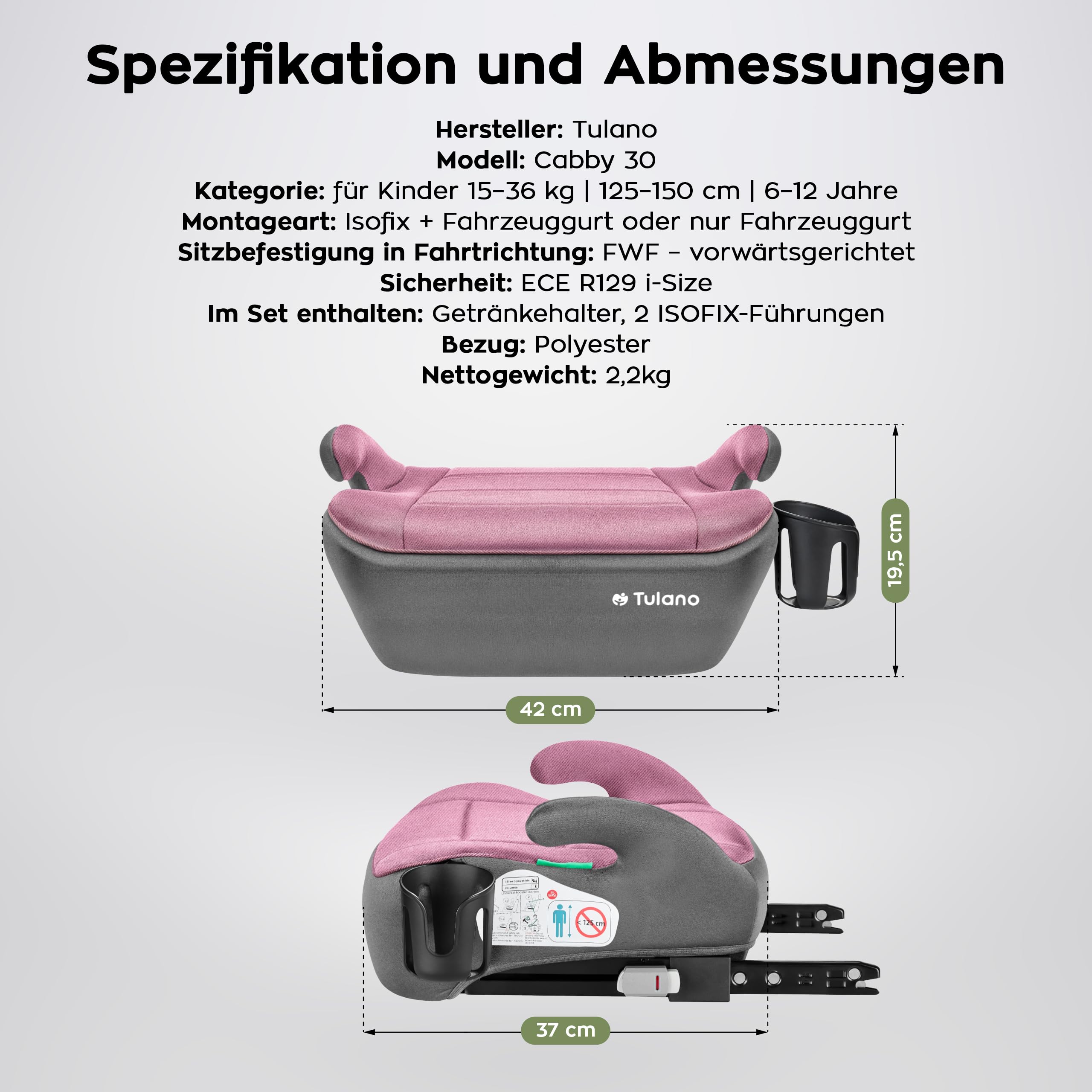 Tulano Cabby 30 Sitzerhöhung Auto ISOFIX, Kindersitzerhöhung Auto 125-150cm | i-Size ECE R129/03 - Kindersitz ab 6 Jahre - Booster Seat mit Getränkehalter - Sitzschale Kinder 15-36 kg - Rosa