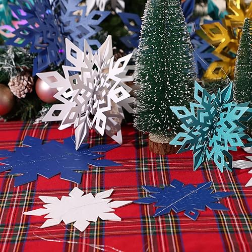 Miniatura 6 de 18 adornos colgantes 3D de copos de nieve de Navidad, decoración de copos de nieve de papel congelado azul de invierno plateado para princesa de