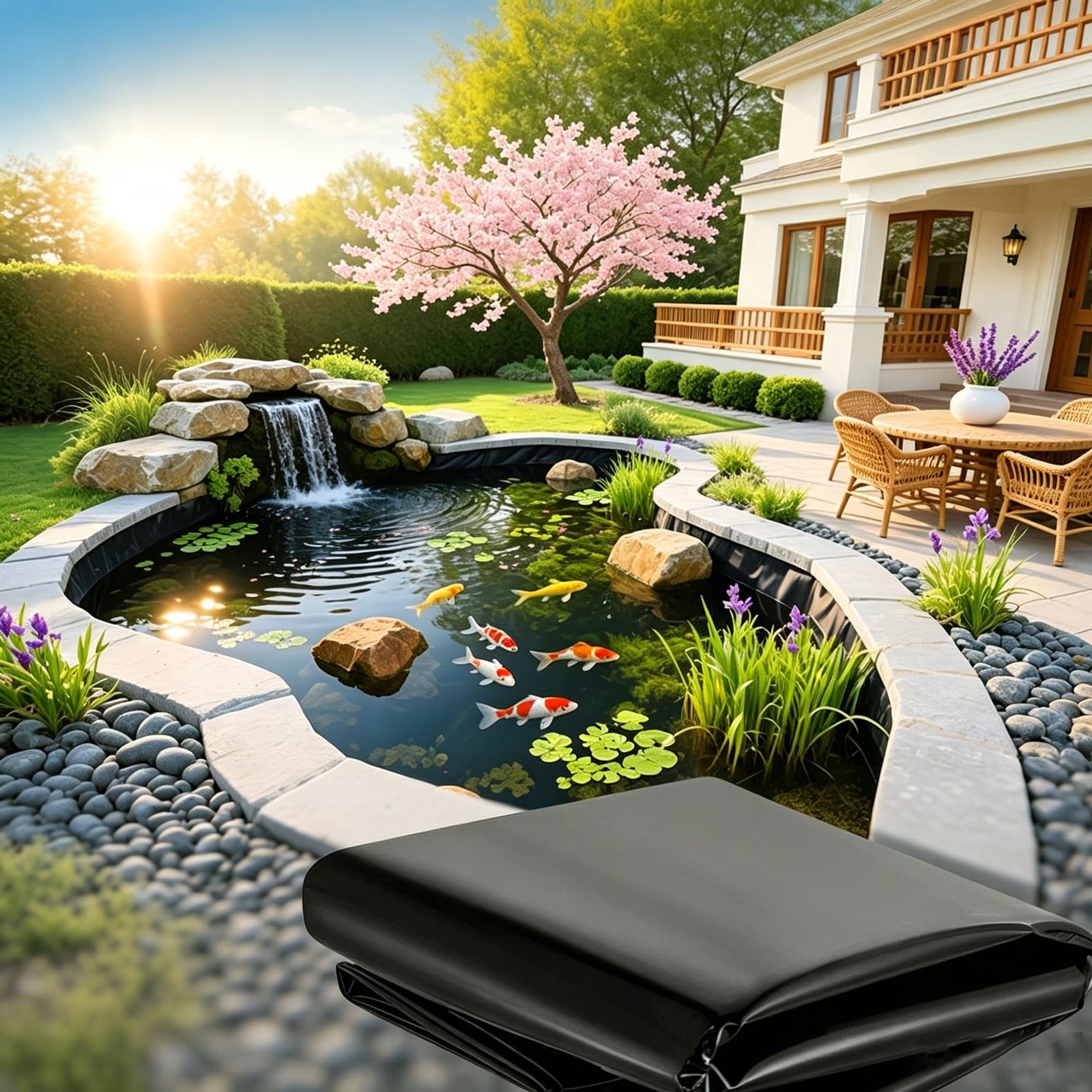 EPDM Wkładka do stawu, 2 x 2 m, 3 x 3 m, 4 x 4 m, 0,7 mm, wytrzymała, elastyczna gumowa membrana stawowa, wodoodporna folia do stawów koi, wodospadów, fontann, wody ogrodowej (1,5 x 3 m)