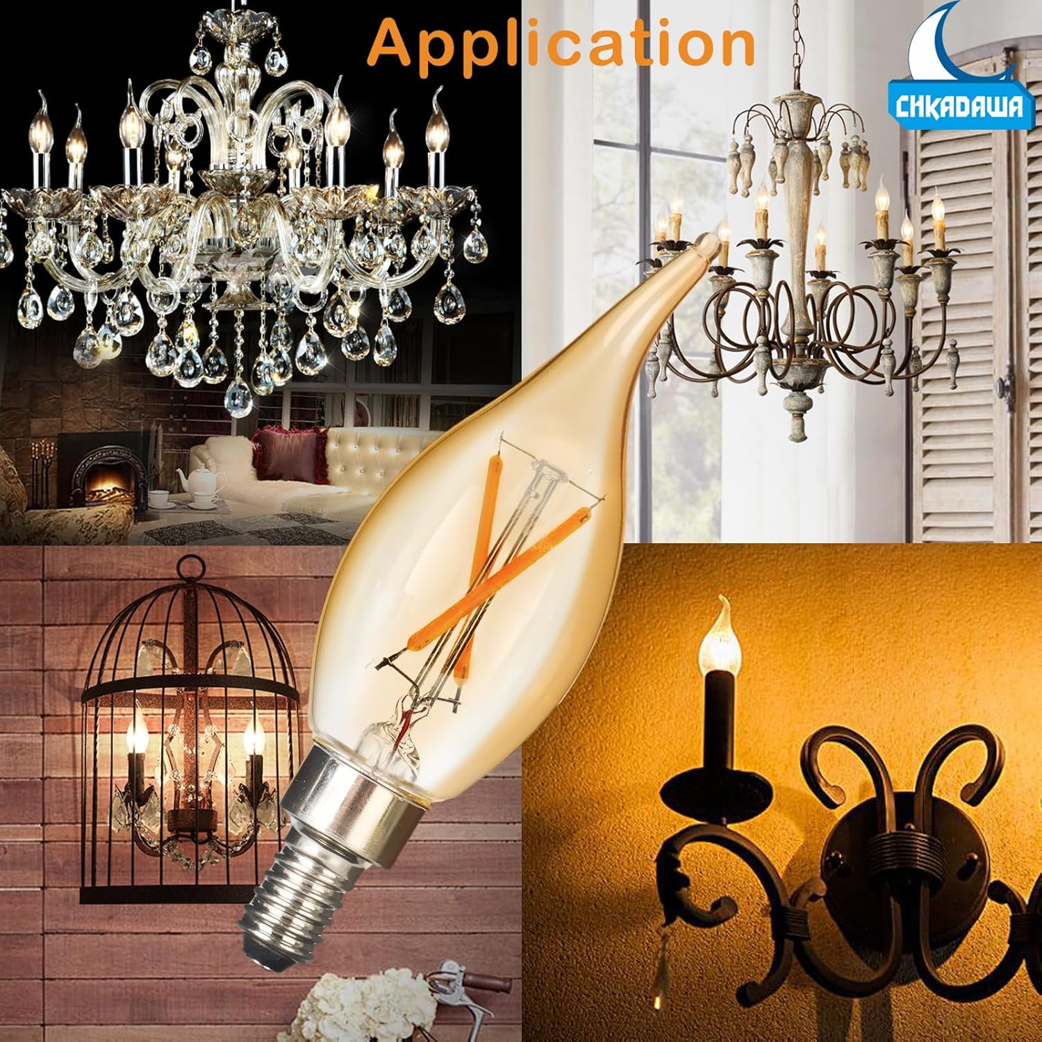 CHKADAWA E12 Amber Candelabra Light Bulbs Dimmable 40 Watts Equivalent, Flame Tip Chandelier Light Bulbs CA11, Vintage Candle LED Bulb, Warm White 2200K, CRI 90+, 12 Pack