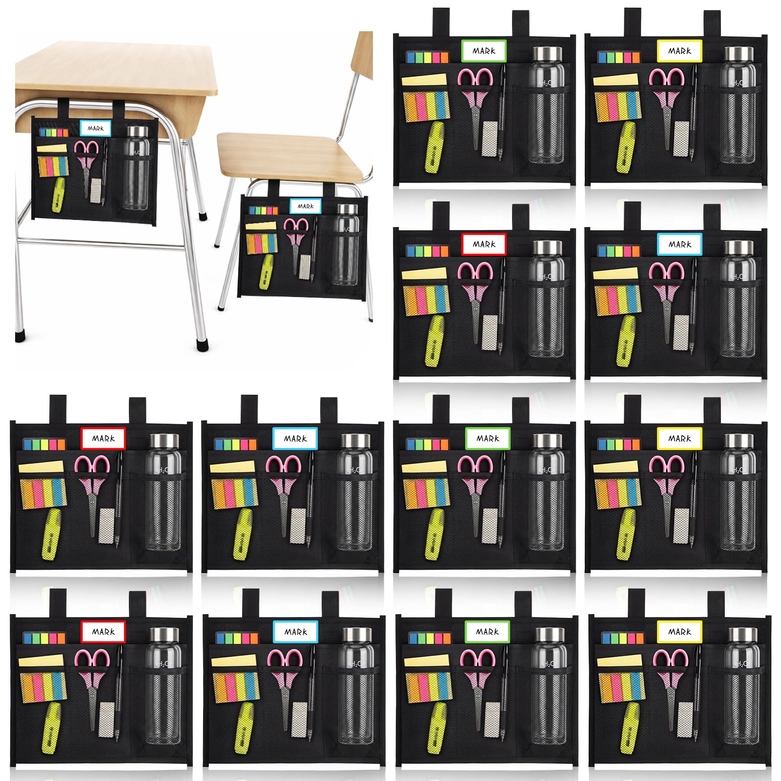 Photo 1 of Sanwuta 12 Pack Classroom Desk Side Storage Back to School Desk Chair Organizer Pockets with Name Tag Hooks Seat Bags for Classroom Home Back to School Supplies