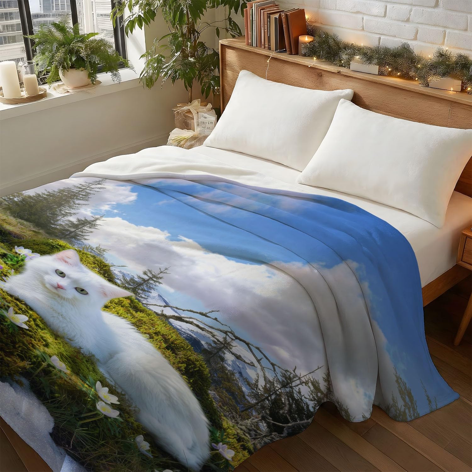 Générique Couverture Plaid Flanelle 150cm x 200cm Épais Couvertures Polaire d'automne Chaud, Réalisme Paix Chat Moelleuse Légères Blanc Vert Couvertures pour Lit ou Canapé