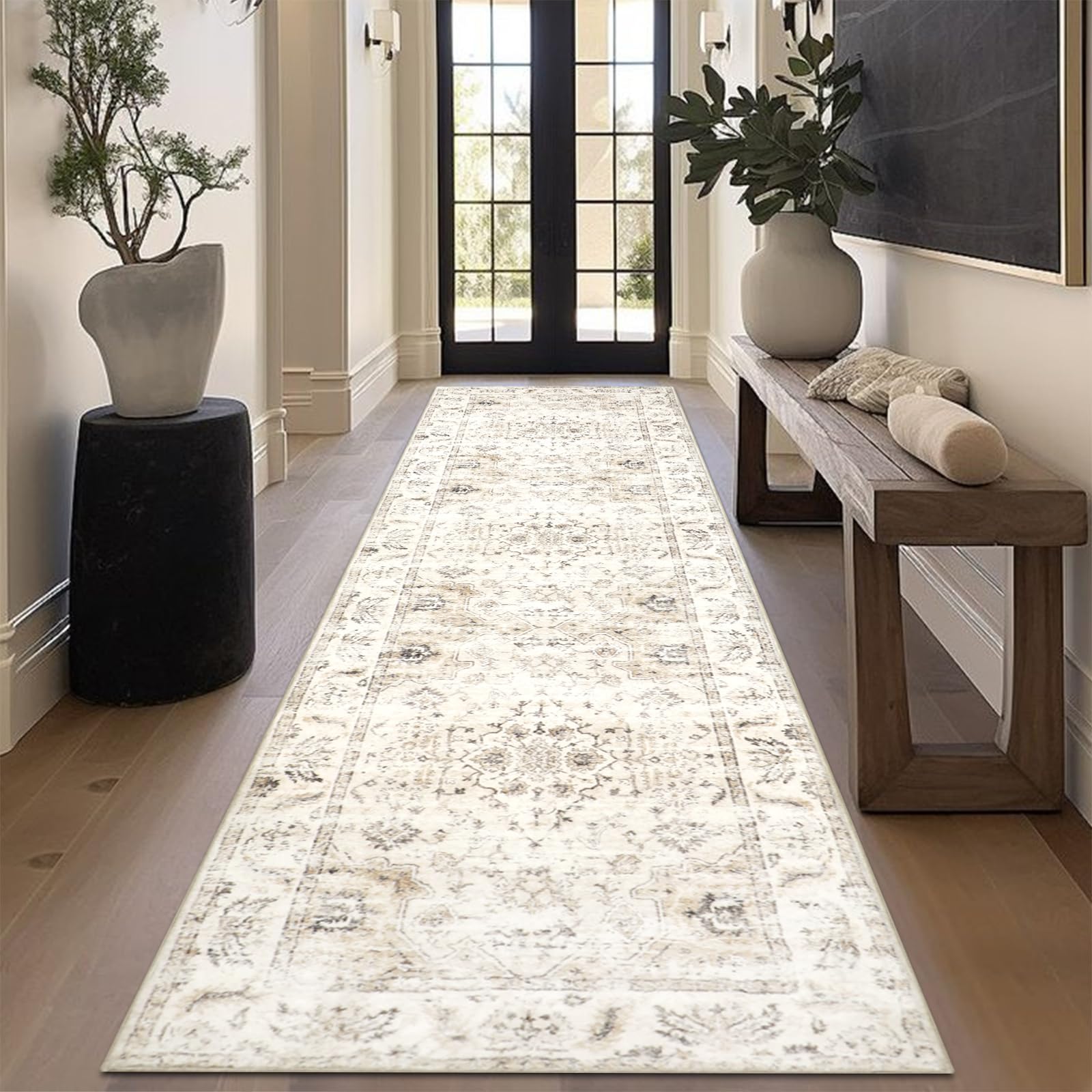 Homcomodar Alfombra Pasillo Larga 80x300cm Beige Alfombra Cocina Lavable Antideslizante Vintage Alfombras de Pasillo Cocina Lavadero Entrada Dormitorio