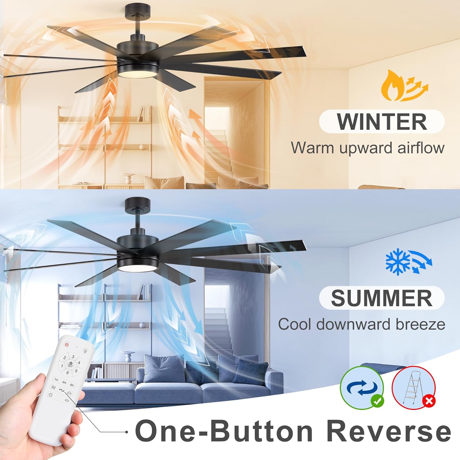 72 Inch Ceiling Fan with Lights and Remote, Large Black Ceiling Fan with 3CCT LED Light, 6 Speed Reversible Quiet DC Motor, Modern Ceiling fan for Living Room, Patio, Library