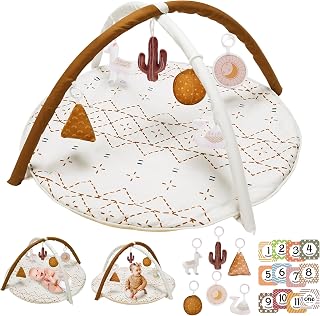 LittleDove Macrame Tummy Time Mat - Baby Play Gym with 6 Detachable Toys & 12 Milestone Cards, Non-Slip Washable Activity Mat for Newborn Development