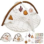Tummy Time Activity Mat, Macrame Baby Play Gym Mat with 6 Detachable Toys and 12 Milestone Cards for Stage-Based Sensory and Motor Skill Development, Washable Play Mats for Infant, Non Slip Play Mat