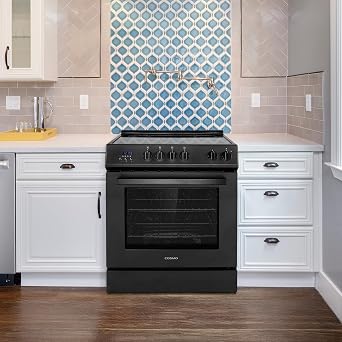 30 in. Stellar Coll 4.9 cu. ft. 4 Burner Electric Range, Convection, Black | Cosmo COS-ERD304K-BK Glass Cooktop, Dual Element Burners, 6 Oven Functions, Digital Display with Timer, Storage Drawer