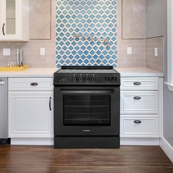 30 in. Stellar Coll 4.9 cu. ft. 4 Burner Electric Range, Convection, Black | Cosmo COS-ERD304K-BK Glass Cooktop, Dual Element Burners, 6 Oven Functions, Digital Display with Timer, Storage Drawer