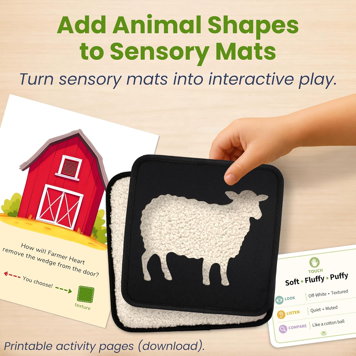 CareSquares 9pc Sensory Mats Expansion Pack - Farm Animal Shape Overlays + Wooly Texture Mat & Farm Story Activity, Fits 8” Sensory Mats for Autism, Toddler Toys, Occupational Therapy & Sensory Walls