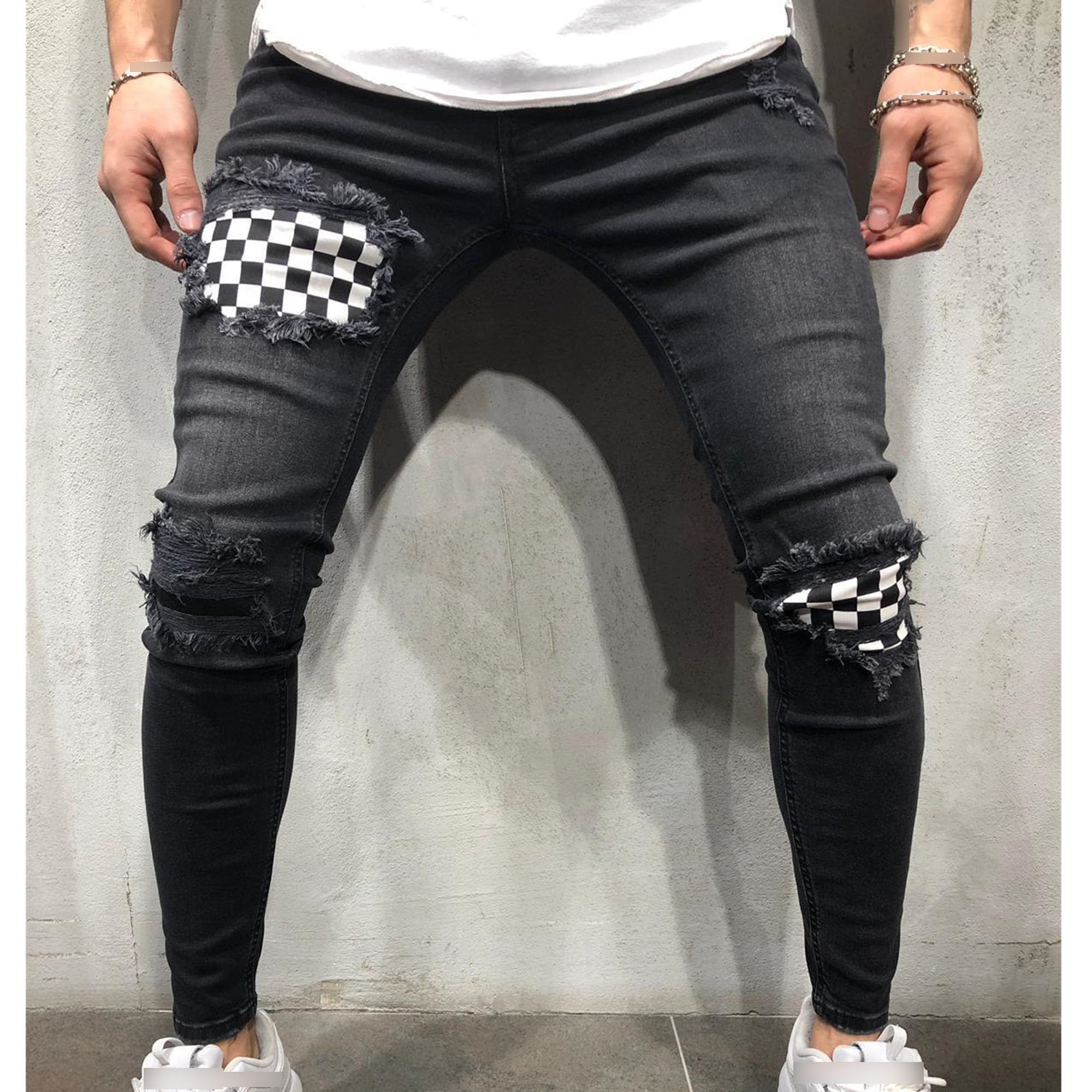 Mens Stretch Skinny Jeans Pattern Slim Fit Ripped Trouser Hip Hop Vintage Casual Fit Washed Denim Pants (Medium,Black)