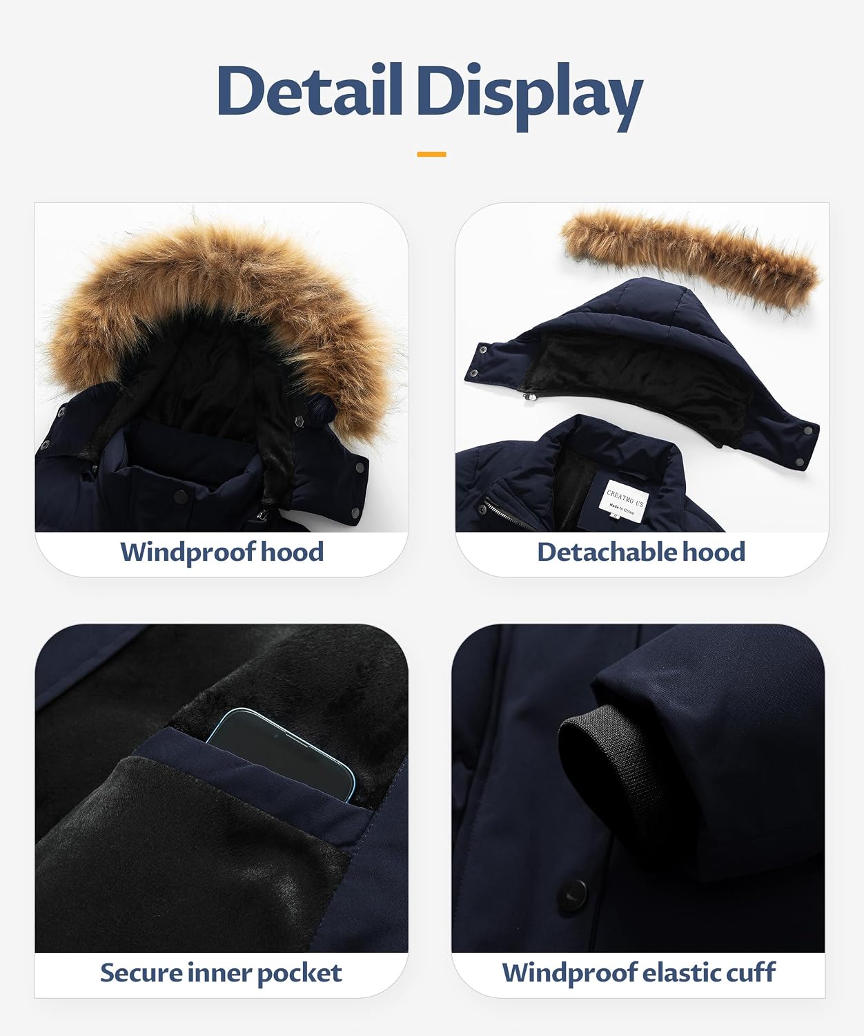 CREATMO US Women's Winter Jacket Warm Thicken Quilted Puffy Jackets Waterproof Snow Coat with Removable Hood