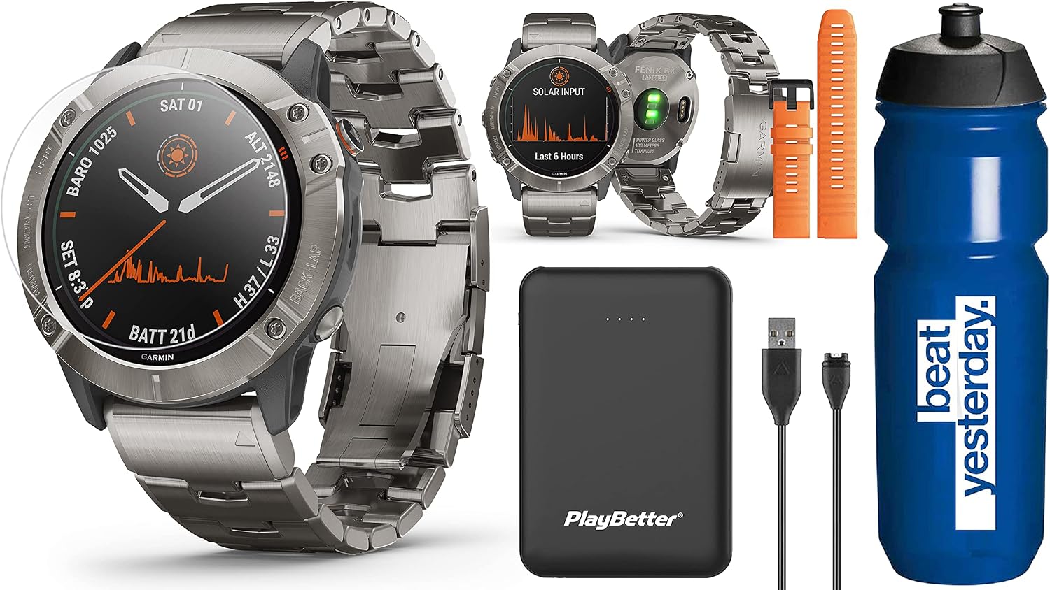 Garmin Fenix 6X Pro Solar (Titanium) Runners Bundle | with Extra QuickFit Band, Garmin Water Bottle, Portable Charger & Screen Protectors | Multisport GPS Smartwatch | Solar Charging | 010-02157-23