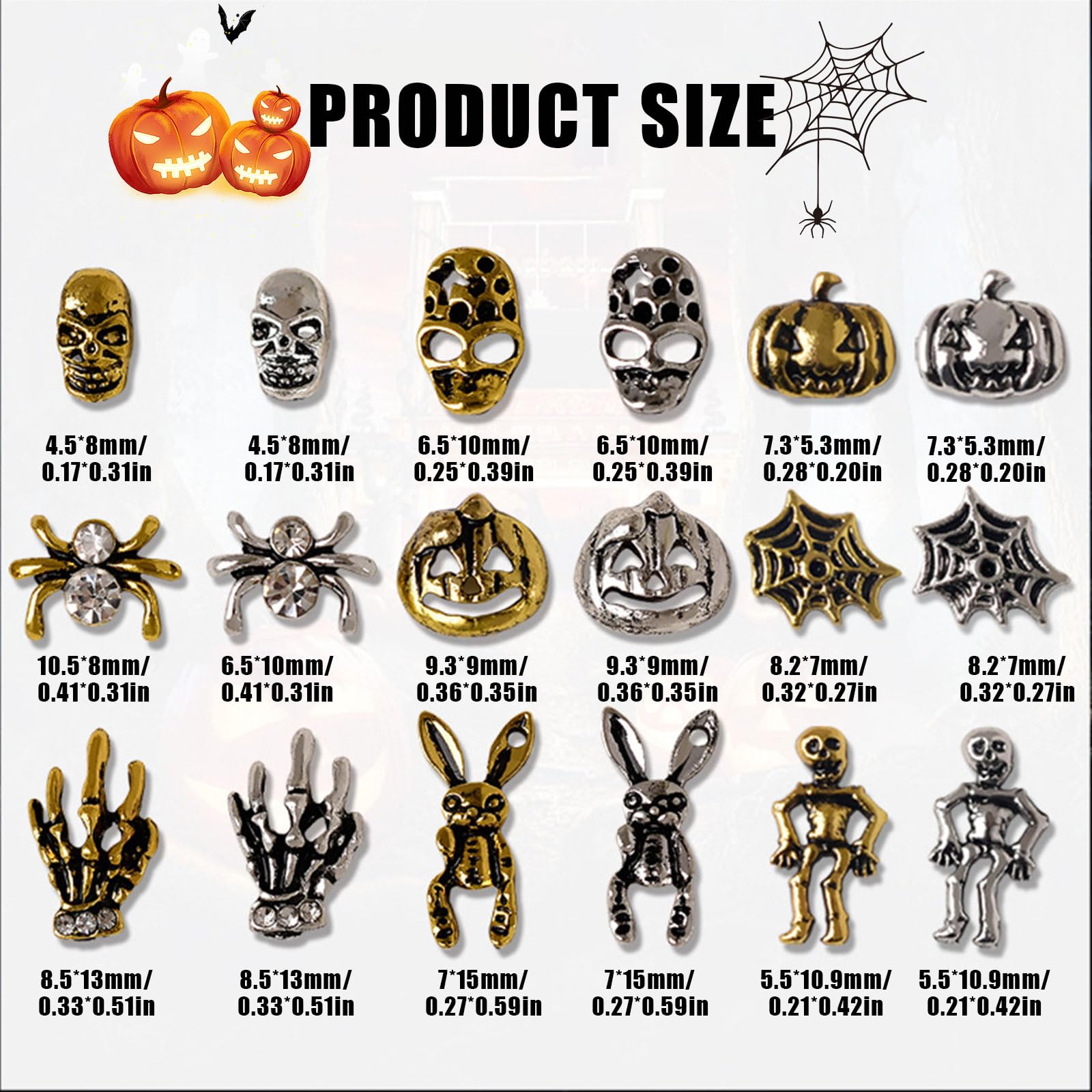 Halloween Nail Charms,72pcs Ghost Claw Spider Nail Gems with Rhinestones,Retro Skeleton Skull Hand Pumpkin Rabbit Gold Silver Alloy Nail Art Jewelry Decoration for DIY Halloween Nail Design Crafts - Image 2