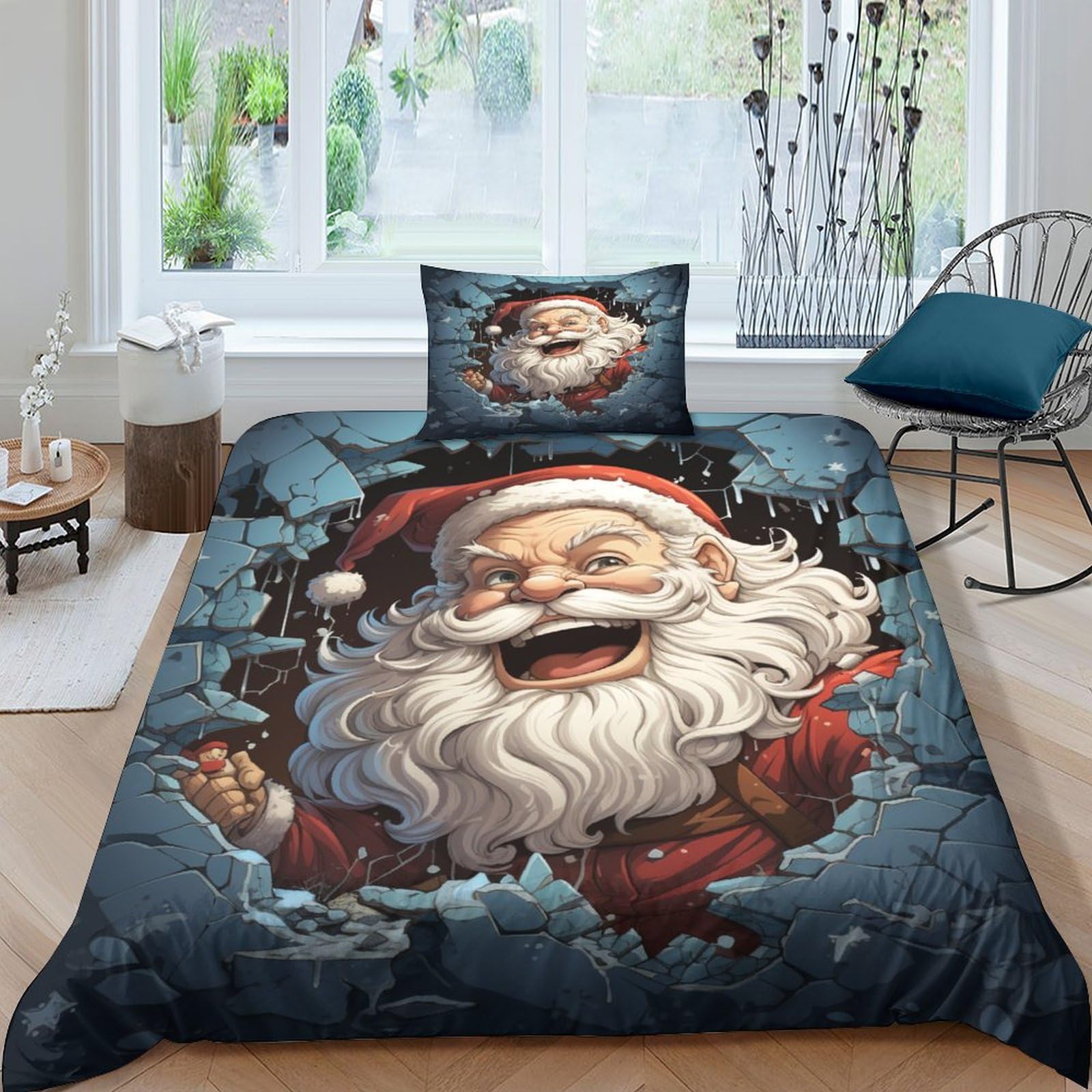 Crjus Style-14 Father Christmas 3D Printed Bedding Set With Pillowcase, Duvet Cover With Zipper Closure,Soft Microfiber Quilt Cover Single（135X200cm）