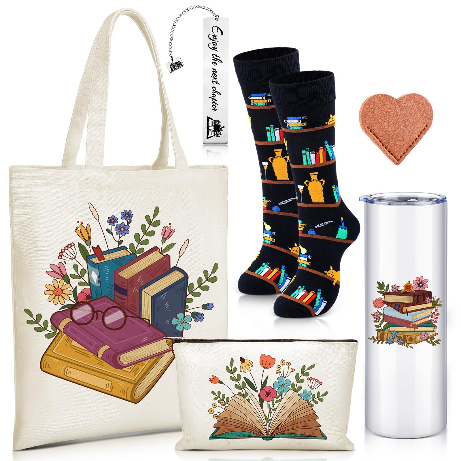 6 Pcs Book Lover Gifts for Women Readers Canvas Bag Back to School Reusable Canvas Bag Tumbler Bookmark for Women Reading Librarian Bookworm Kitchen Library Club Bookish Gifts