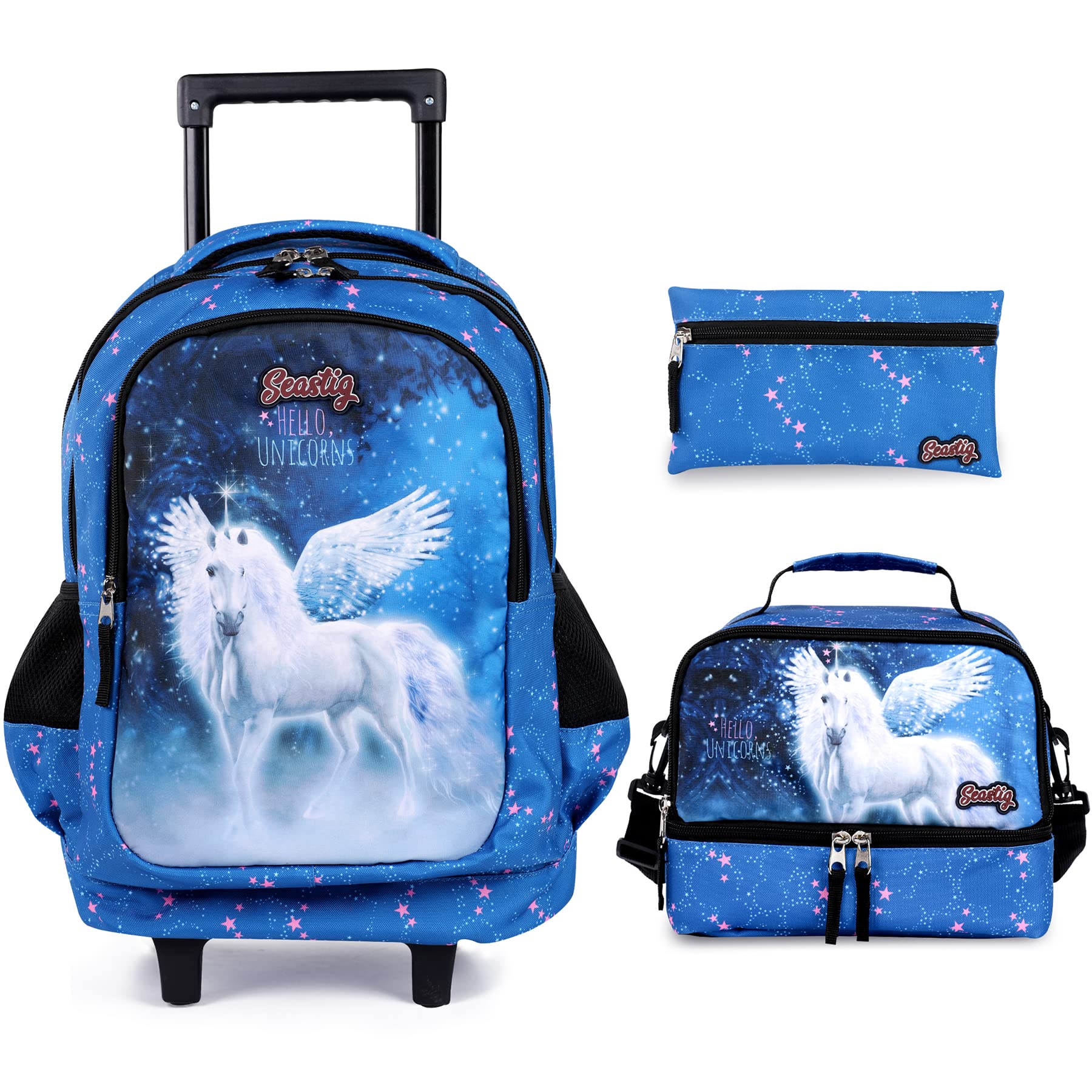 seastig Rolling Backpack 18in Double Handle Backpack Kids Wheeled Backpack Roller Backpack with Lunch Bag Set Girls Boys