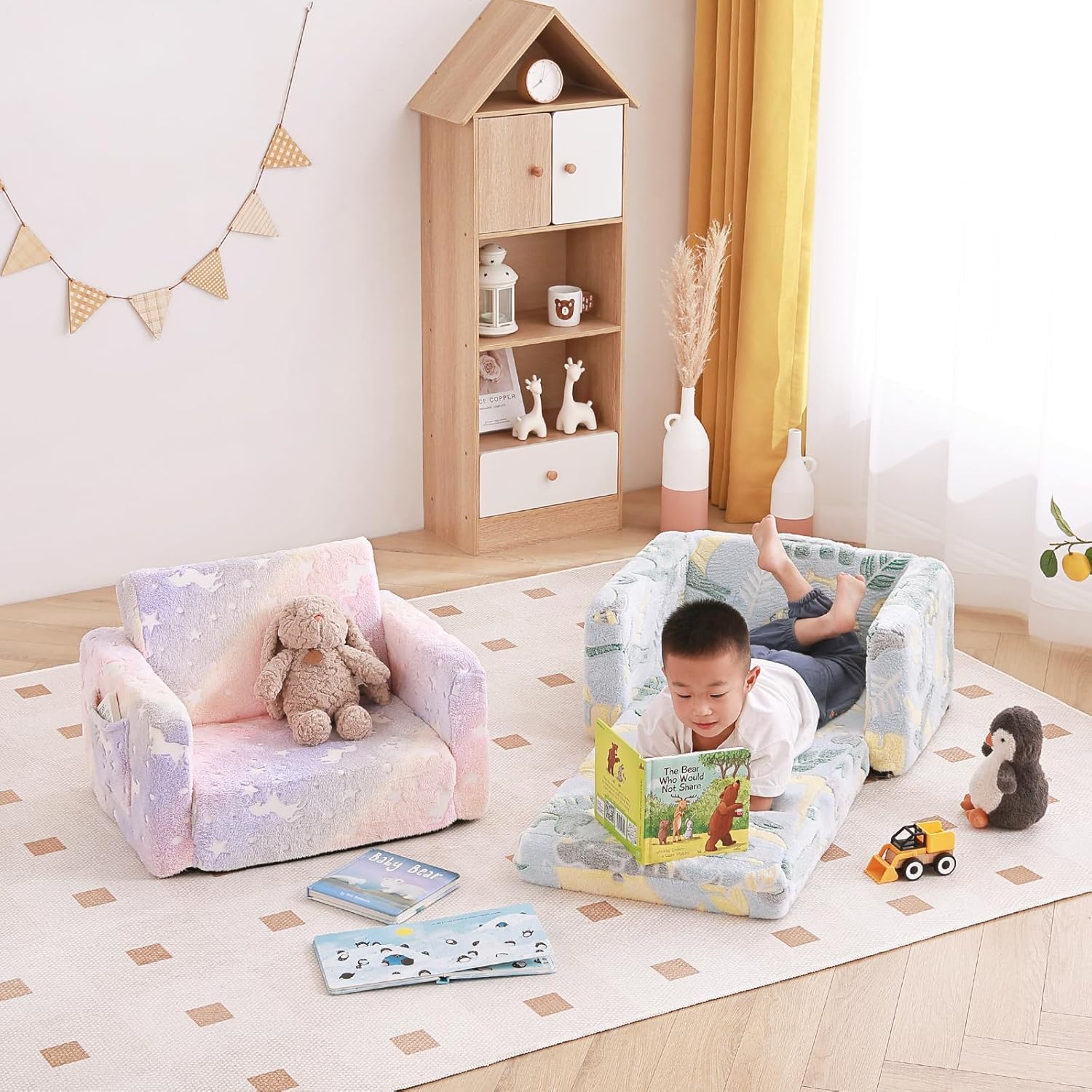 Tiita Kids Sofa, 2-in-1 Kids Sofa Chair, Convertible Children Couch to Lounger, Flip Out Kids Sofa Chair, Glow in The Dark Toddler Armrest Chair Bed for Girl or Boy (Grey Dinosaur) - Image 4