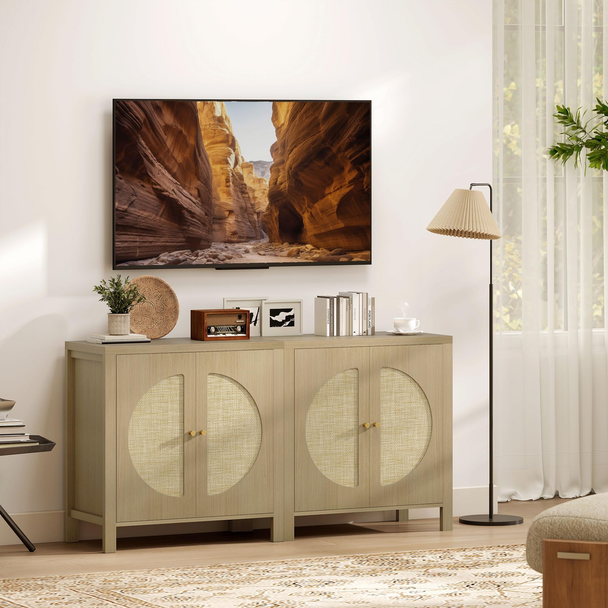 HOMCOM Aparador de Cocina con 2 Puertas Buffet 75x38x77 cm Madera Natural | Ratán Sintético, Mueble Auxiliar de Cocina, Estante Ajustable, 2 Tiradores, para Comedor, Salón, Muebles