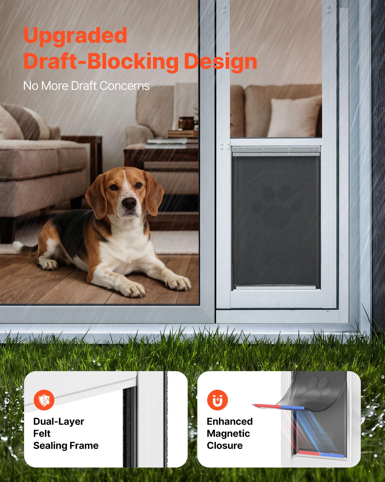 VEVOR Puerta Batiente de Vidrio con Entrada para Perros, Puerta para Mascota 26 x 41,3 cm, Marco de Aleación de Aluminio, Instalación sin taladrar, Compatible con Perros Grandes Gatos, Color Blanco