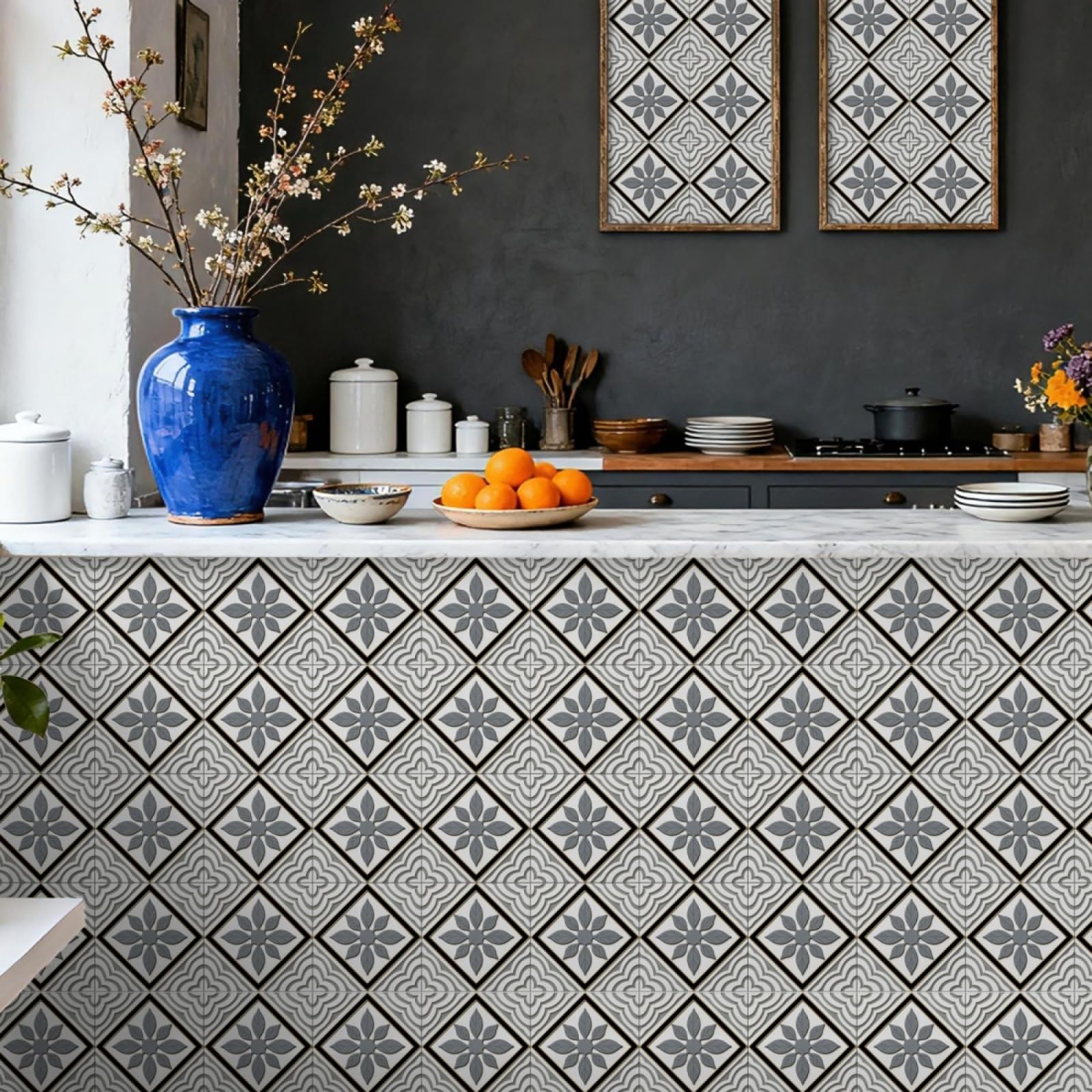 Tile Stickers Abstract Grey Flower Stick on Kitchen Tiles Self Adhesive Wall Tiles PVC Peel and Stick Tile Covers Transfers Oil-Proof Kitchen Splashbacks for Walls Removable 20x20cm/24 Pcs