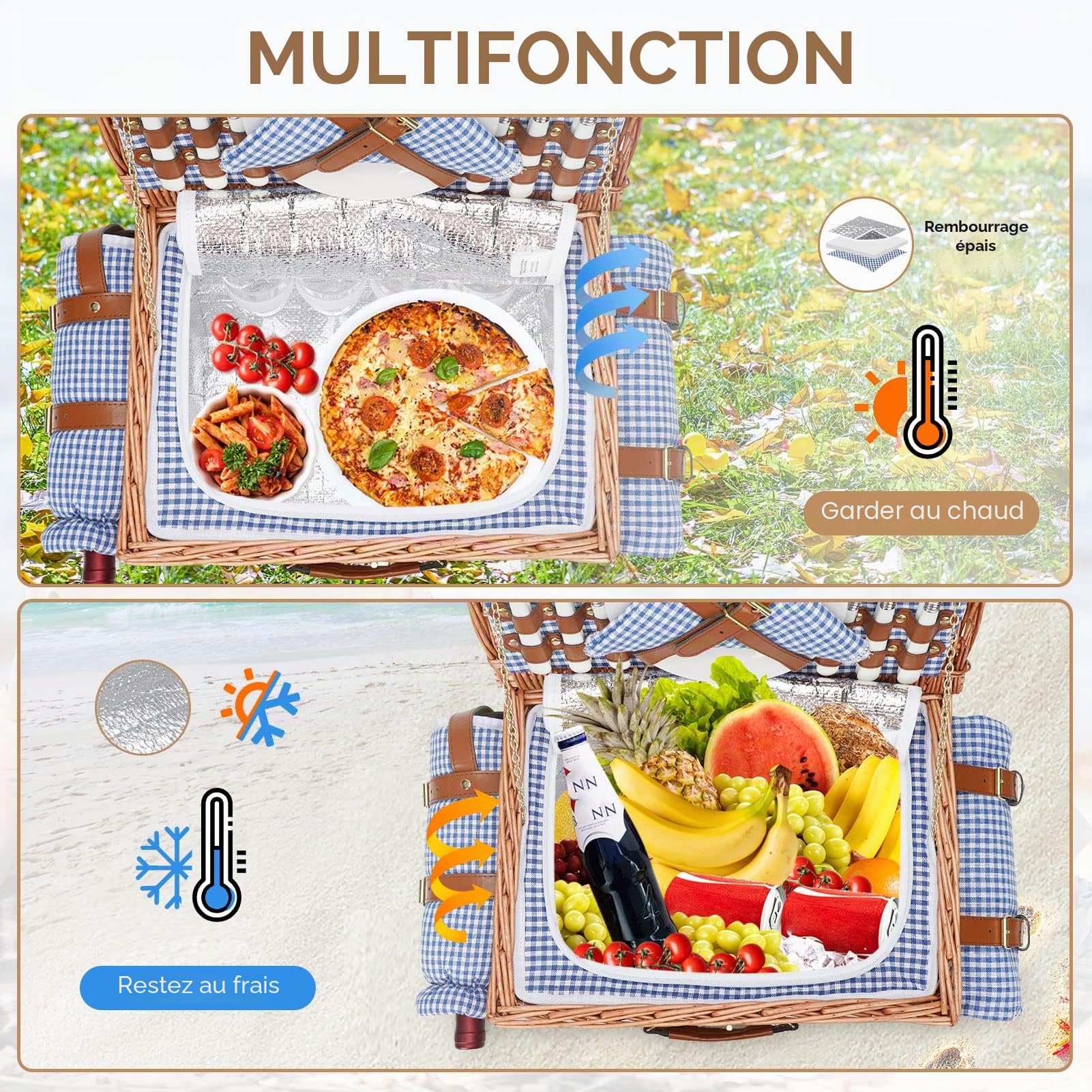 Panier de pique-nique pour 4 personnes, paniers de pique-nique isothermes en saule avec bandoulière, panier de pique-nique avec couverture de pique-nique imperméable, panier en osier fait à la main