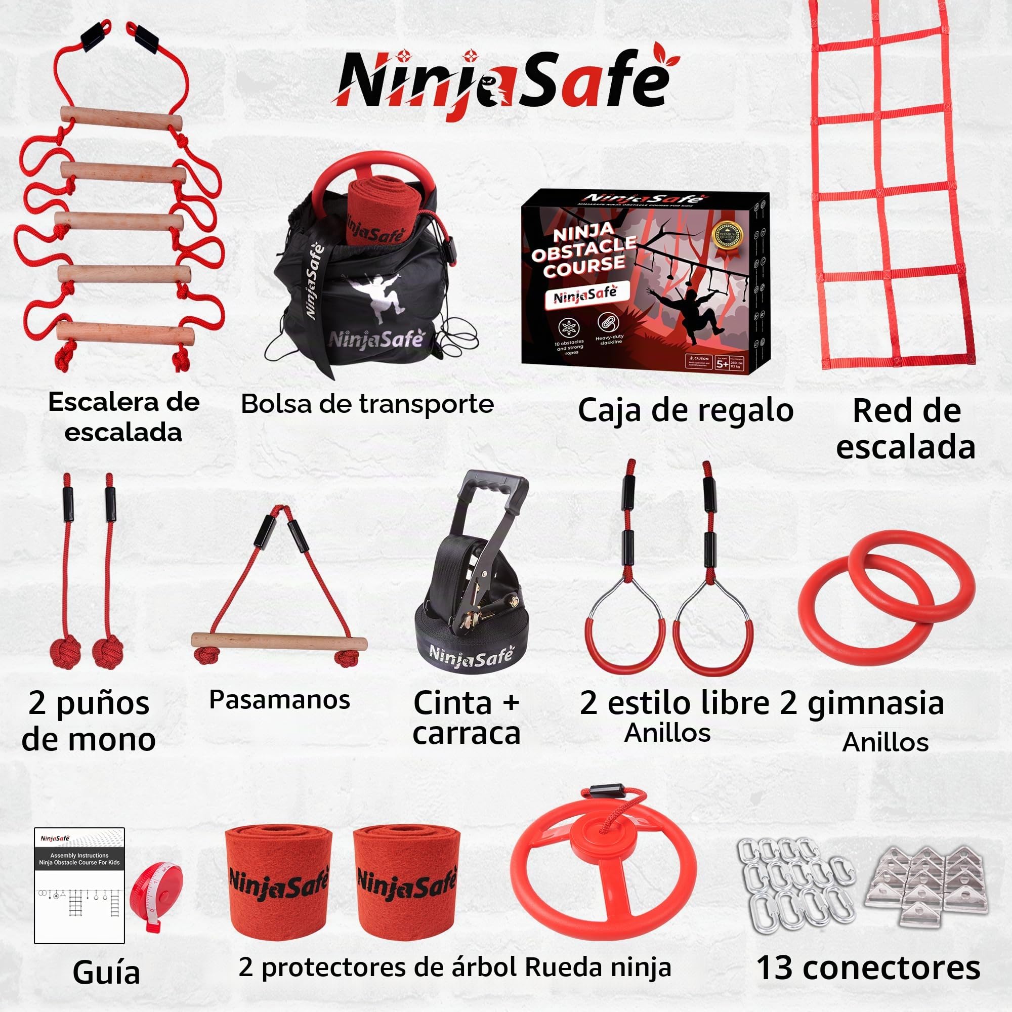 Carrera de obstáculos Ninja para Patio Trasero de niños, 10 obstáculos duraderos y línea de holgura de 15 m, Equipo de Juego al Aire Libre para niñas y niños con Red de Escalada y Escalera, Rueda