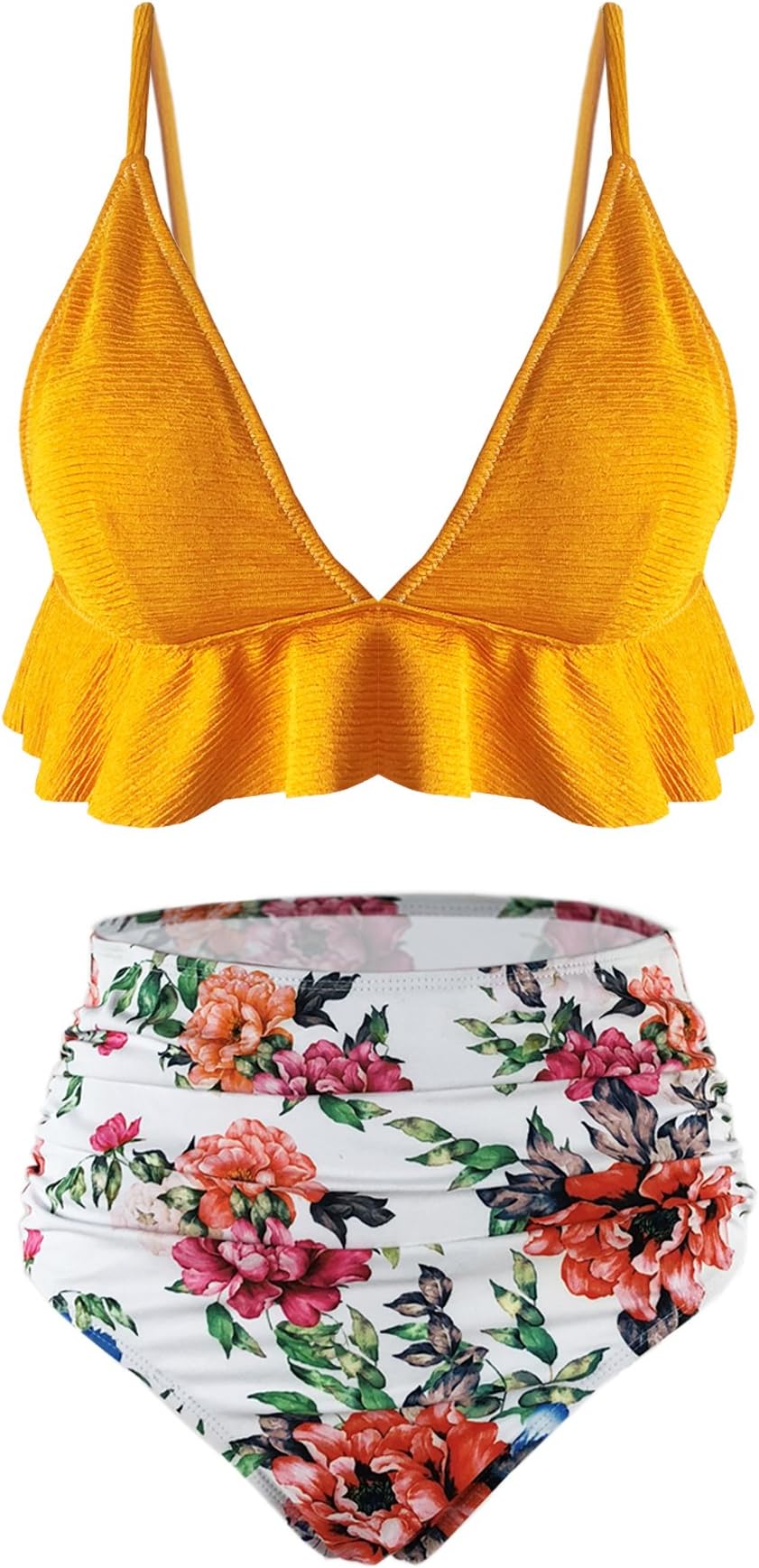 SS Queen Womens High Waisted Swimsuit Ruffle Print Bikini Swimwear Two Pieces Bathing Suit - yellow - X-Large