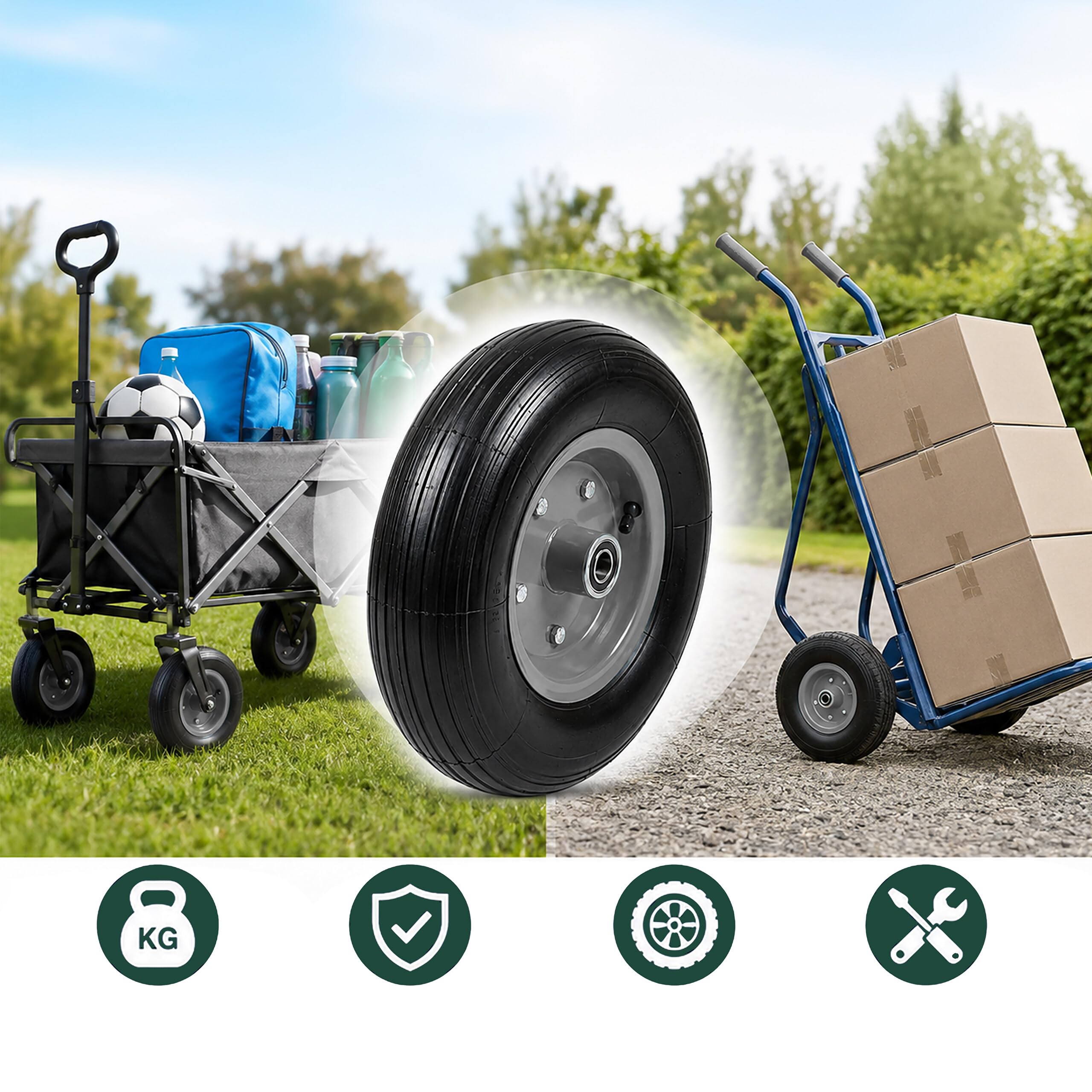 Relaxdays Koło do wózka transportowego, zestaw 2 sztuk, 4.00-6, pełna guma, kompletne koło stalowa felga, oś, koło zapasowe, taczka, czarne/szare
