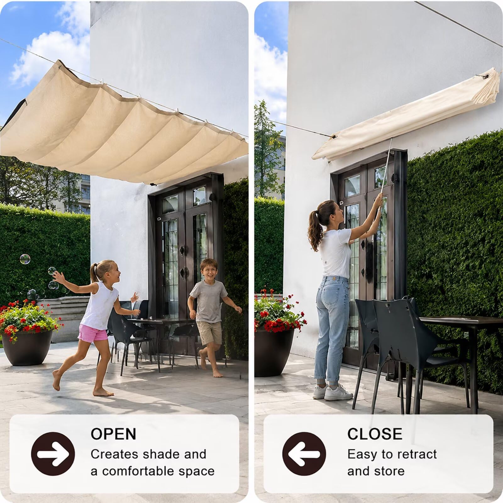 Wellen Sonnensegel 200x400cm,Terrassenüberdachung ausziehbar,Sand | Robustes 230g/m² HDPE Segel,hitzeisolierender UV & Regenschutz für Holzpergola,Edelstahl Ösen,4 Jahreszeiten nutzbar