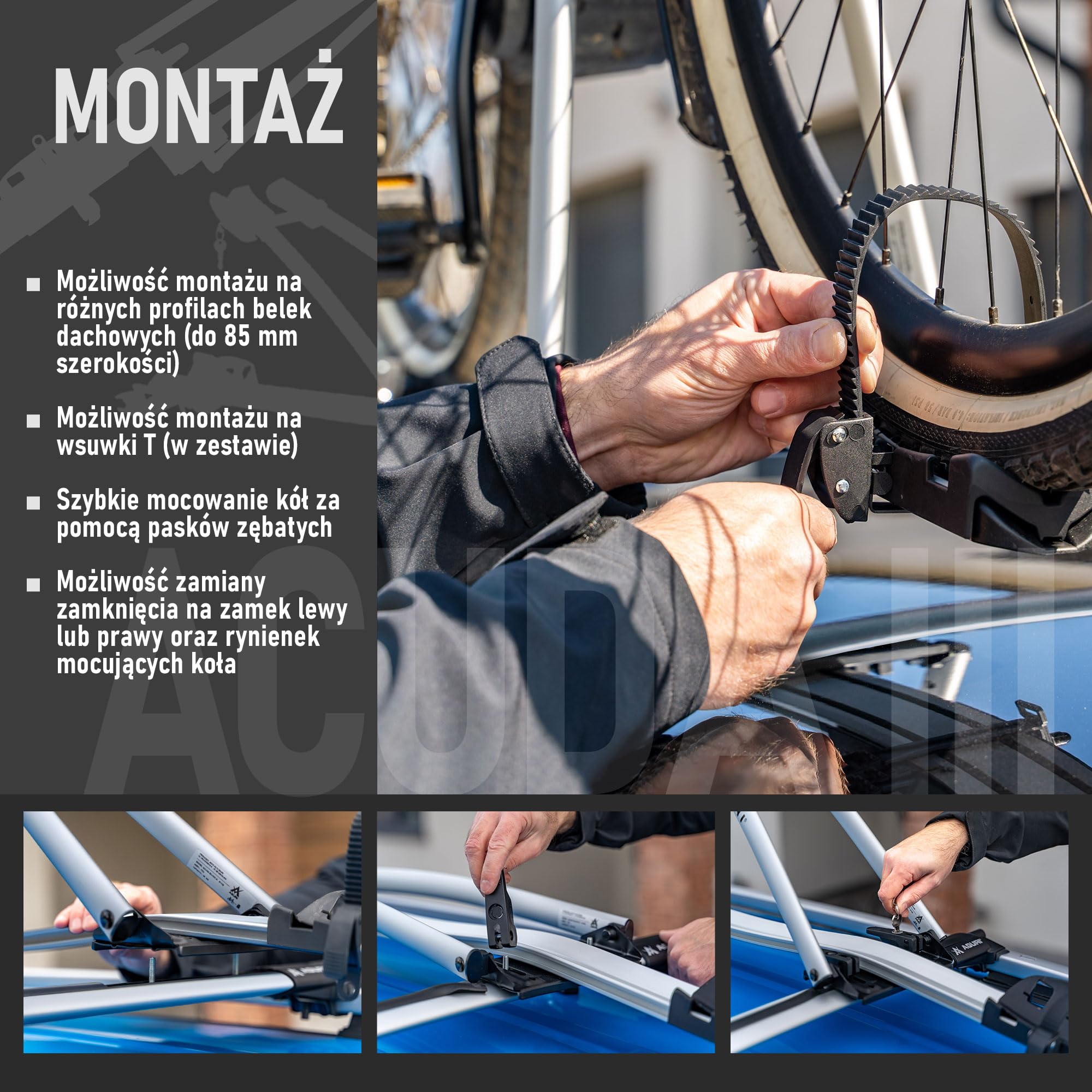 AGURI ACUDA III | Bagażnik Rowerowy, Dachowy Stelaż Rowerowy, Uniwersalny Uchwyt Rowerowy na Dach Samochodu, Zamykany | Obciążenie do 20kg, | Lekka i Wytrzymała Konstrukcja z Aluminium | Srebrny