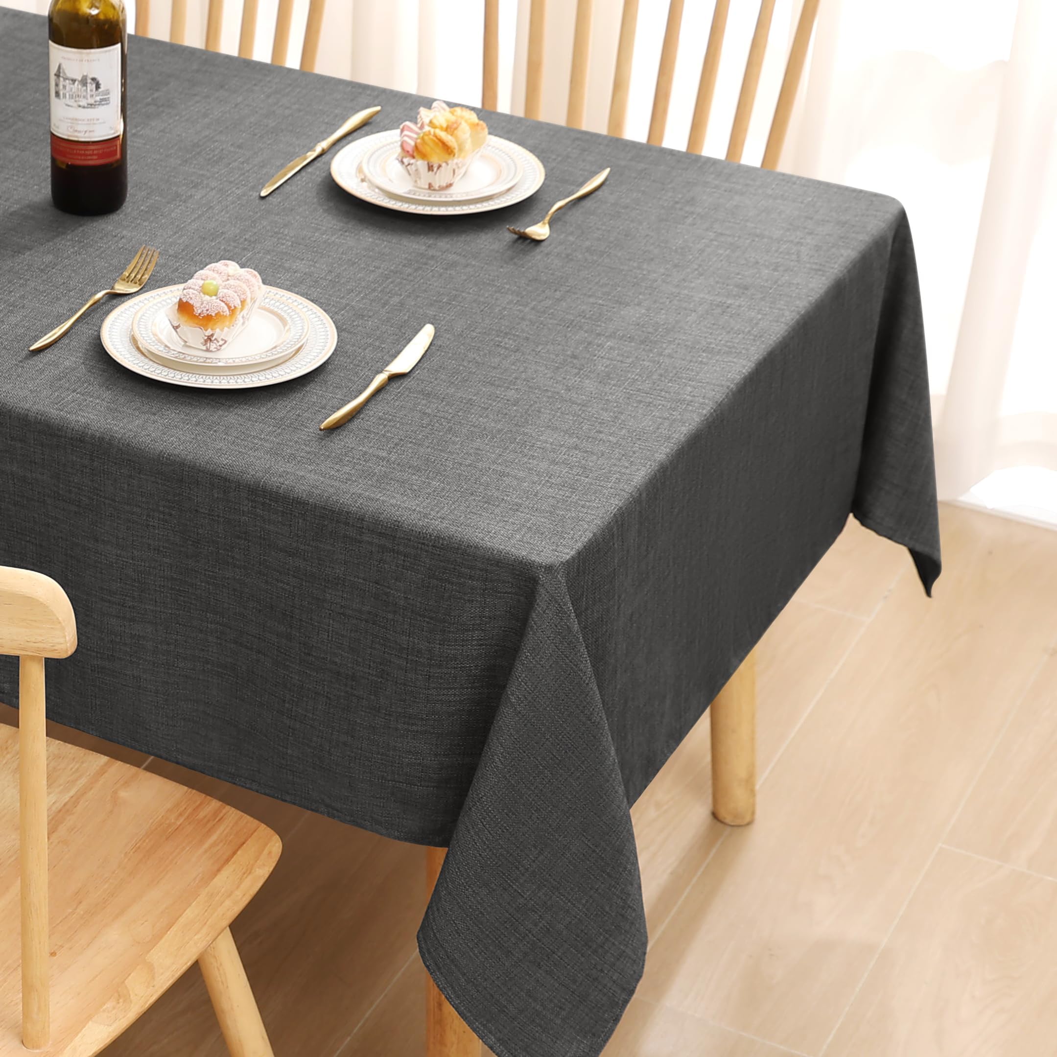 Linen Table Cloth Rectangle 140x180 cm Wipe Clean Tablecloth Water Resistant Table Cover for Kitchen, Party Decorations - Dark Grey