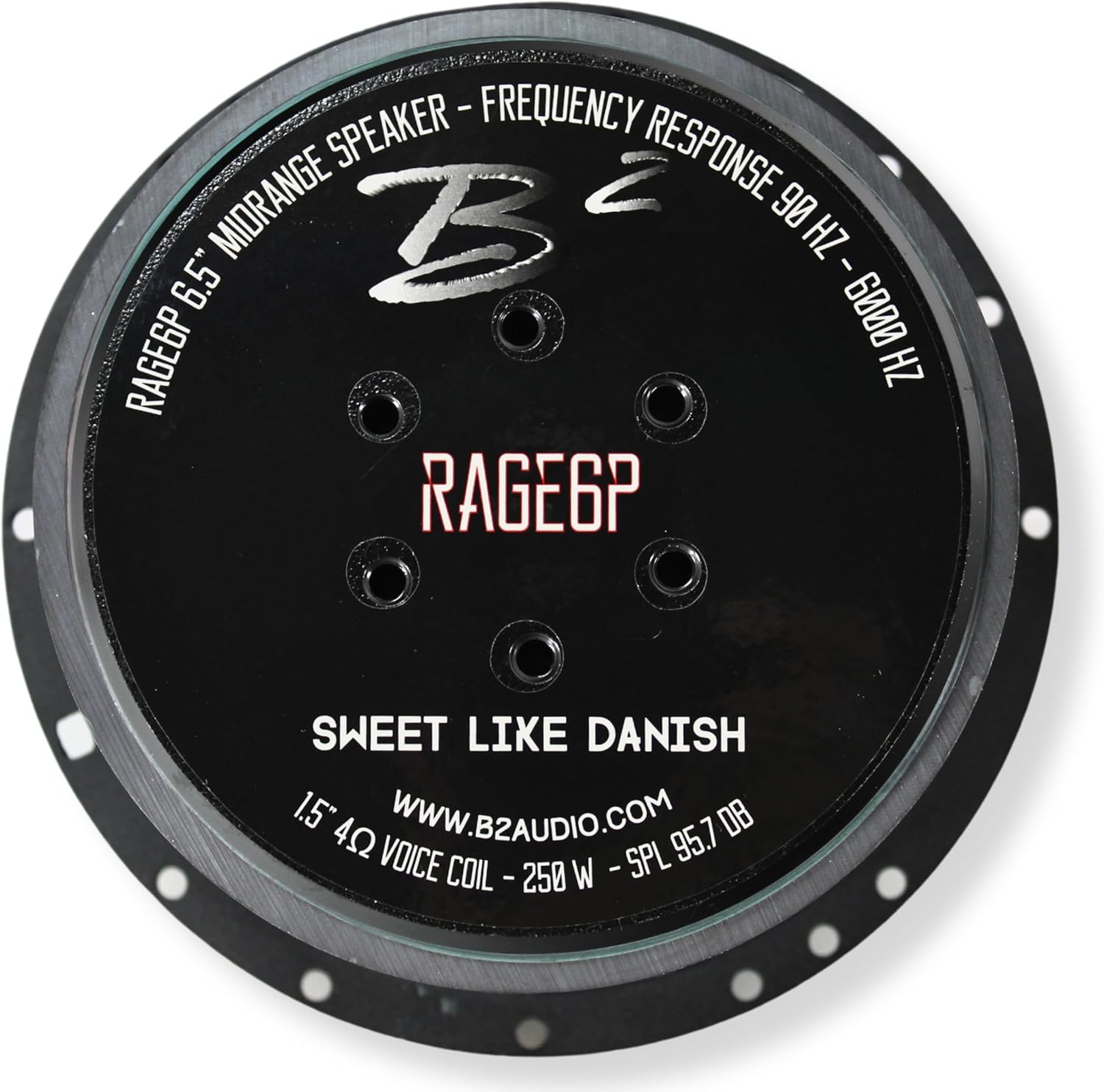 Back view of a B2 Audio Rage 6.5-inch mid-range speaker, showing the model name and specifications on the magnet.