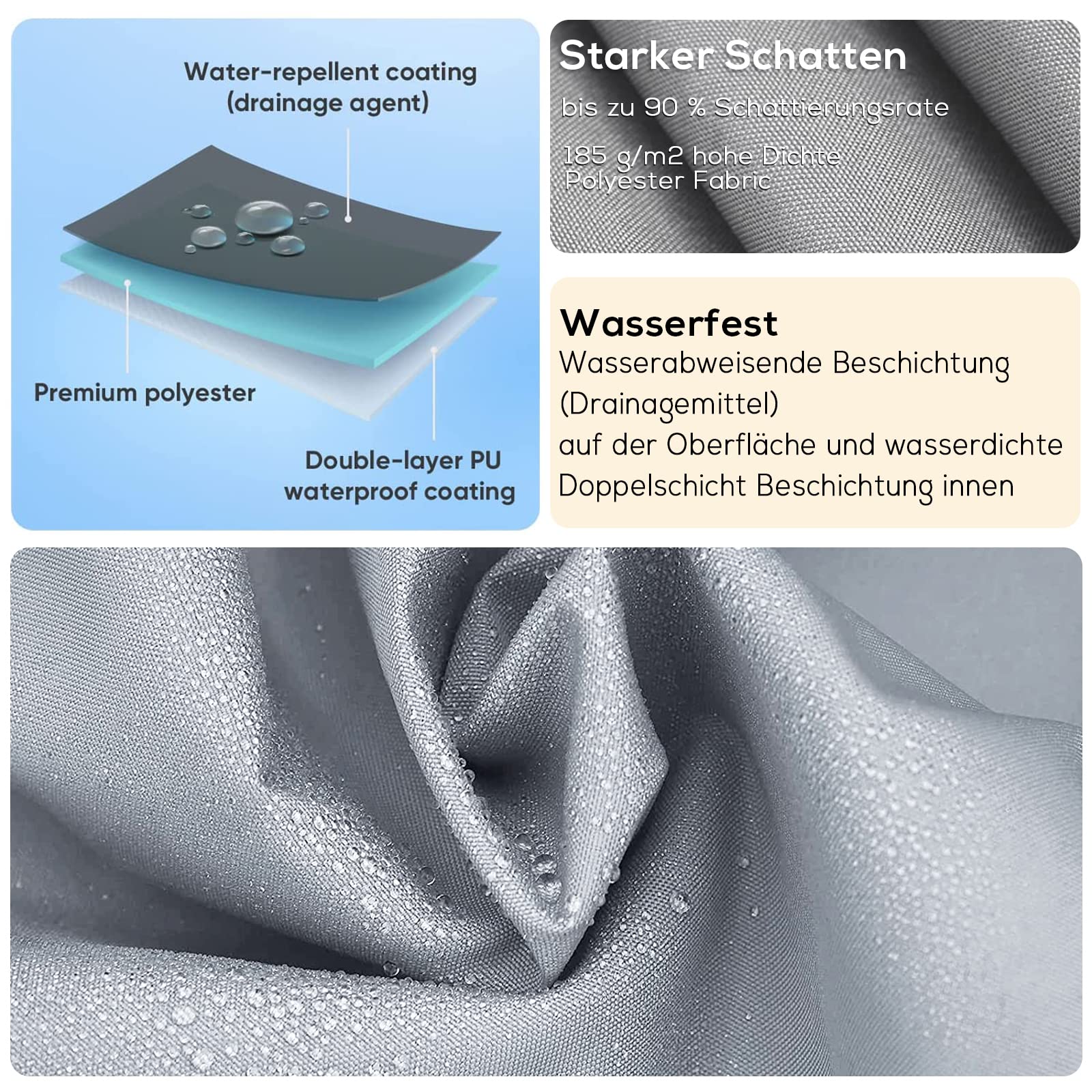 Sonnensegel Dreieckig Rechtwinklig 3x3x4.25m Wasserdicht im Viele Größe und Farben, PES Polyester, Sonnenschutz 95% UV Schutz, Reißfest Wetterfest für Terrasse Garten Balkon- Hellgrau