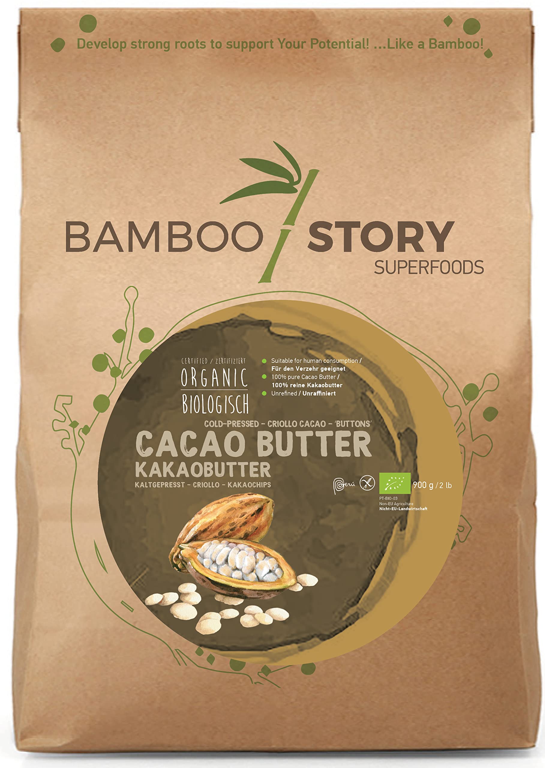 BAMBOO STORY Kakaobutter Kakaochips Criollo 900g 100% Reine