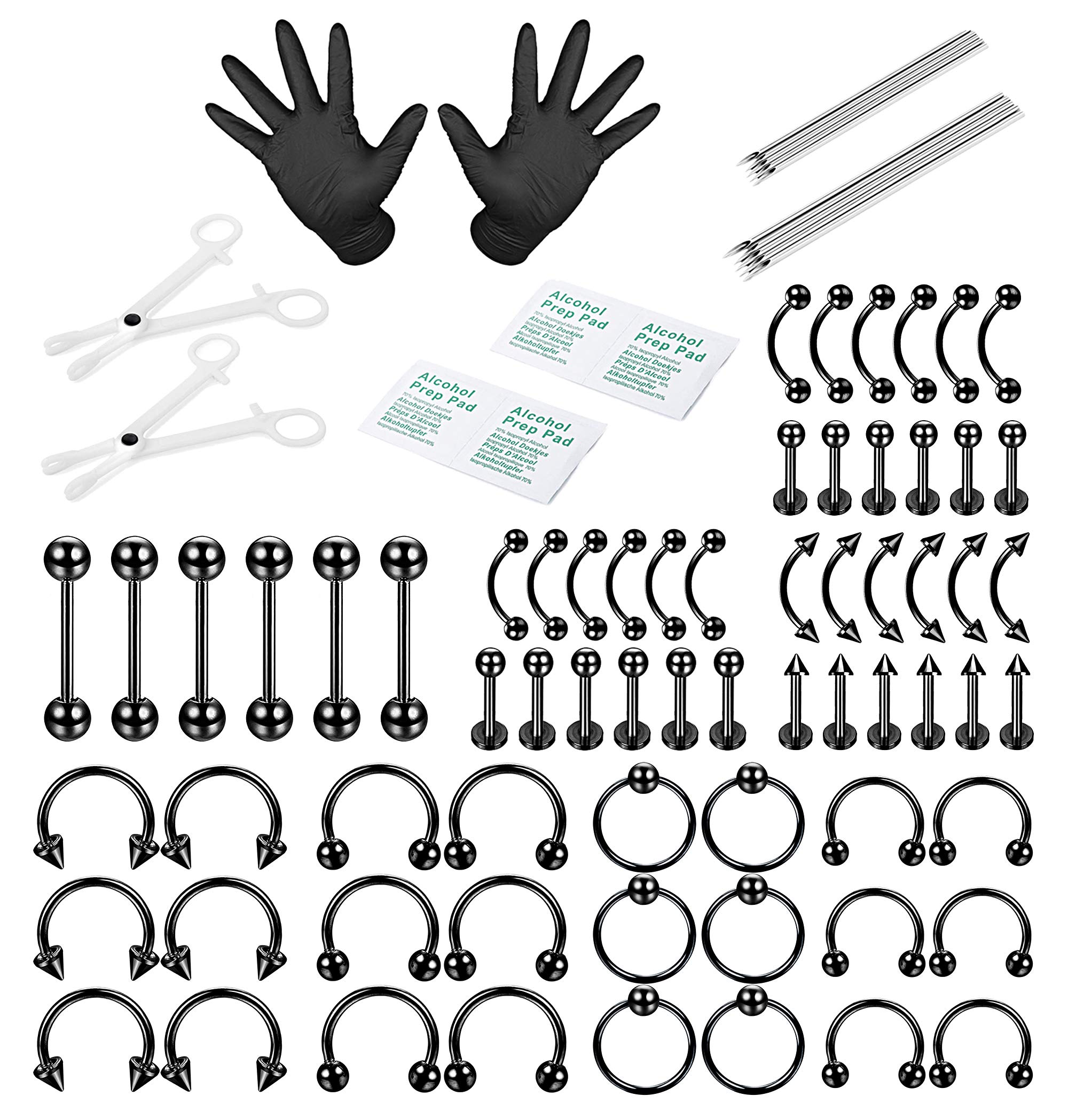 ORAZIO 84PCS Professional Piercing Kit Stainless Steel 14G 16G Belly Tongue Tragus Nipple Lip Nose Ring Body Jewelry