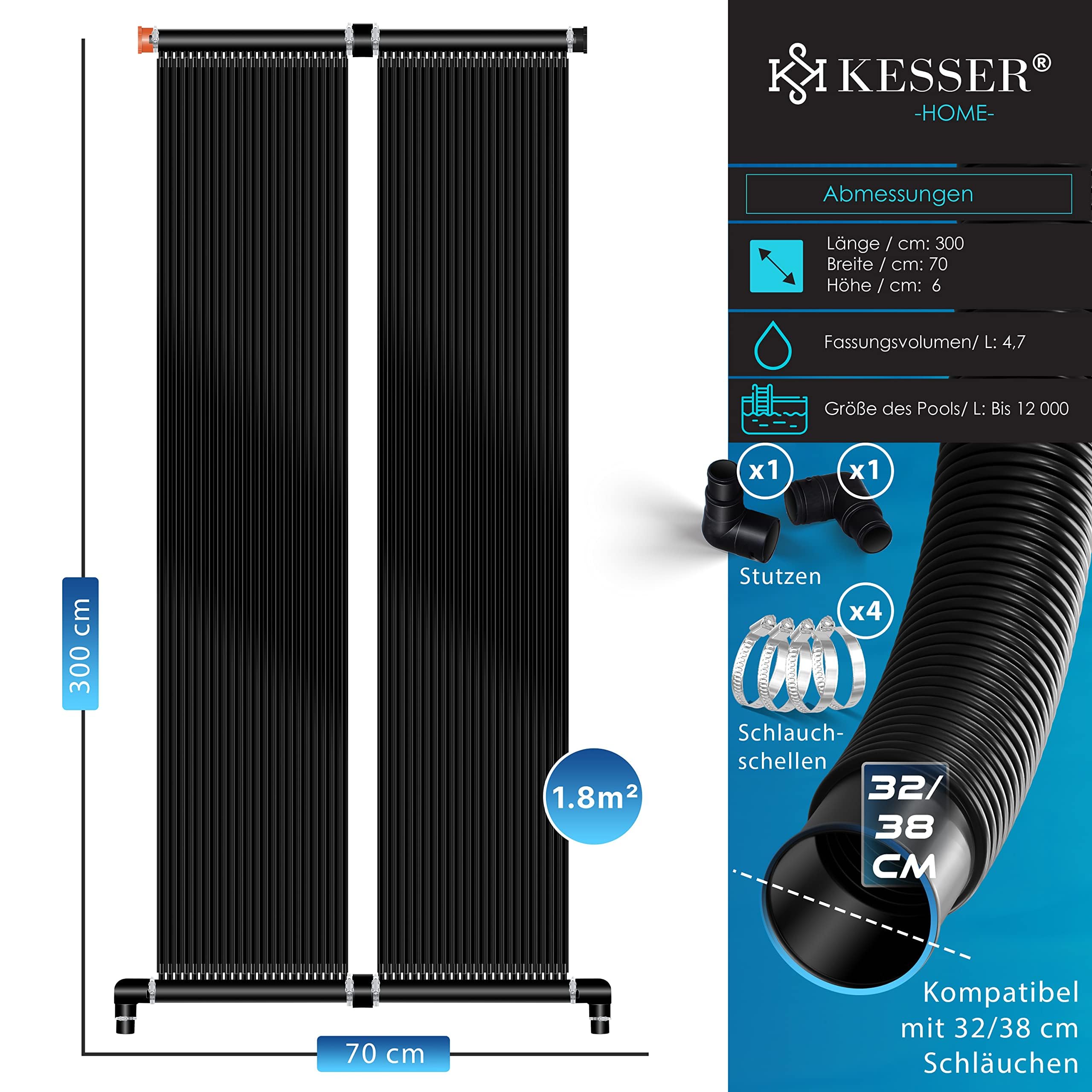 KESSER Solarkollektor Poolheizung 300x70 cm Solar Poolheizer bis 12.000L UV-beständiger Kunststoff