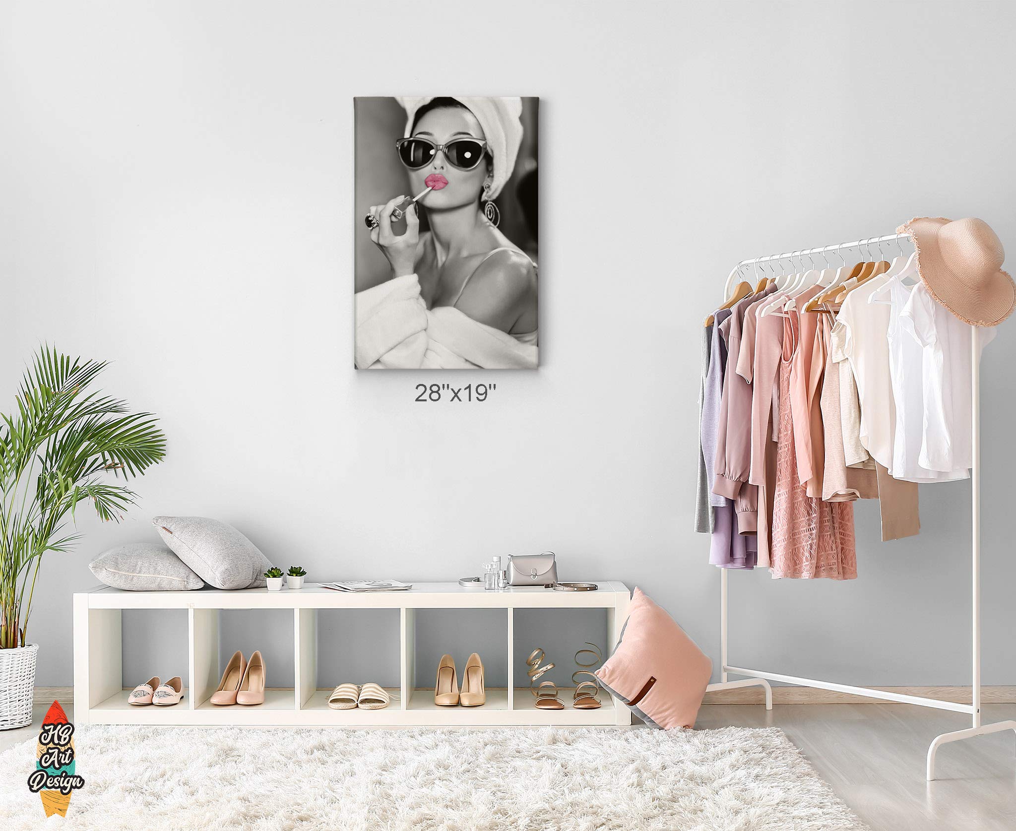 HB Art Design Stampa artistica da parete in stile Audrey Hepburn, motivo labbra rosa, rossetto, iconico, pop art, glam alla moda, in bianco e nero, decorazione da parete per camera da letto, regalo