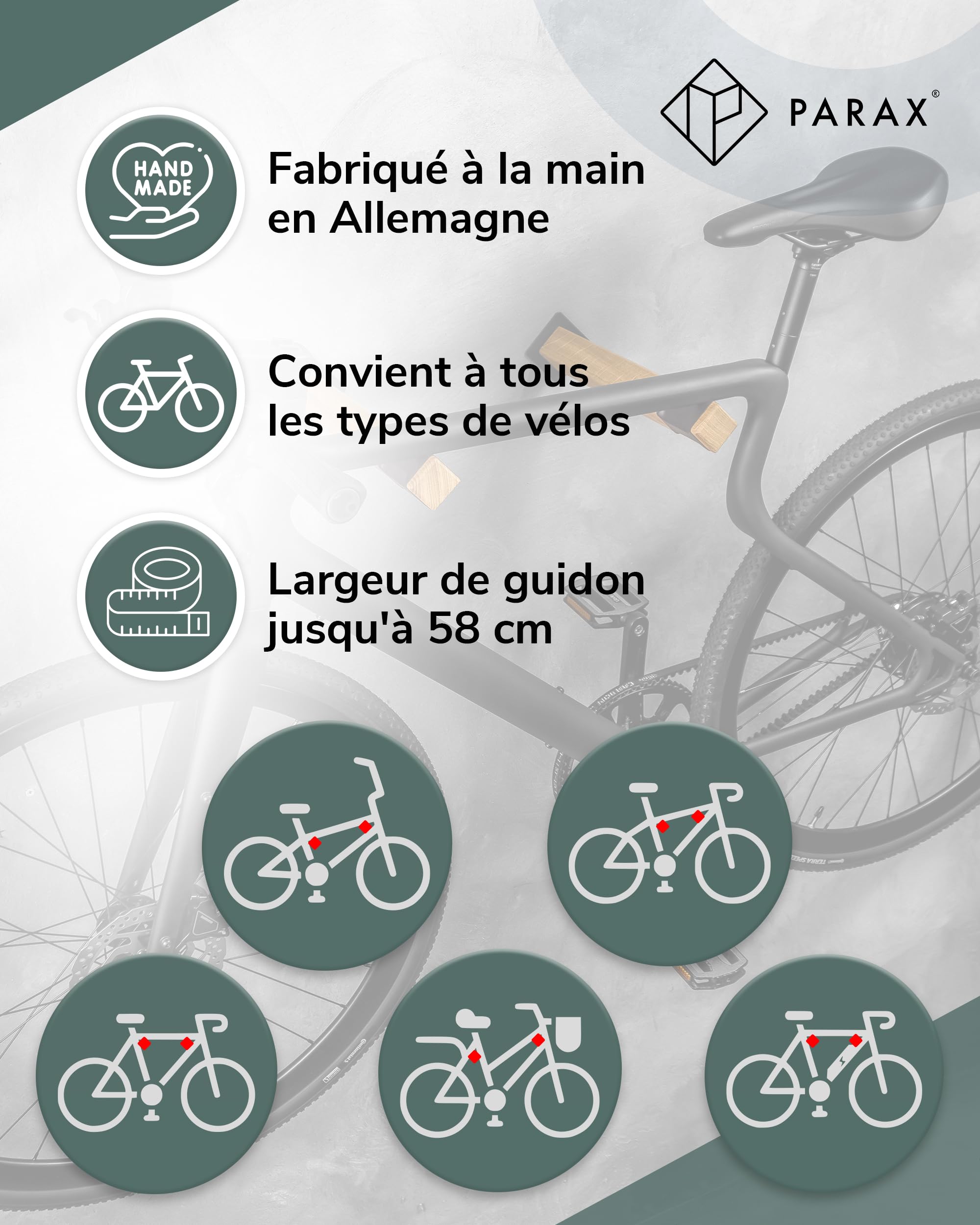PARAX Support mural pour vélo - Bois et chambre à air - Bâtons de porte-vélos jusqu'à 20 kg - Rangement intérieur des vélos
